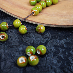 Handmade DIY 8mm Flower Glaze Leopard Print Porcelain Beads (30 pcs) - Leopard Green