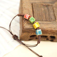 Ceramic Square Bead Bracelet (Multicolor Glaze, Cube Design, Adjustable Cord)