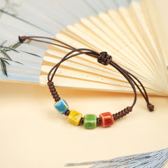 Ceramic Square Bead Bracelet (Multicolor Glaze, Cube Design, Adjustable Cord)