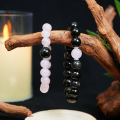 Couple Bracelet - 12mm&10mm Silver Obsidian + Rose Quartz Top Bead