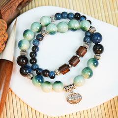 Wooden Ruyi Lock Ceramic Bracelet (Green-Gold Tone, Vintage & Elegant, Double Wrap)