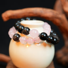 Couple Bracelet - 12mm&10mm Silver Obsidian + Rose Quartz Top Bead