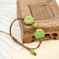 Ceramic Round Bead Bracelet (Green Gradient Glaze, Fresh & Natural, Adjustable Cord)