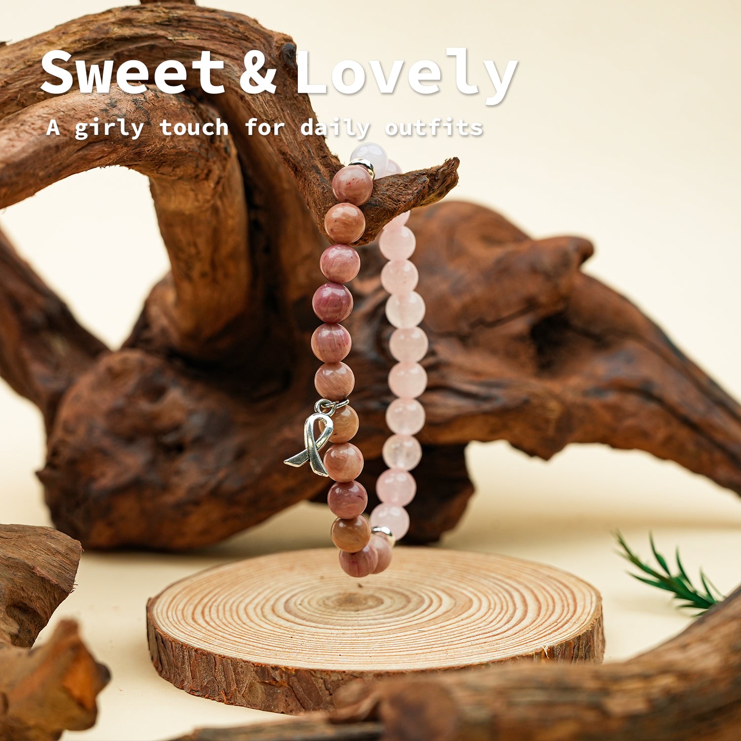 Red Wood Grain Rose Quartz Bow Bracelet - Sweet Girly Style