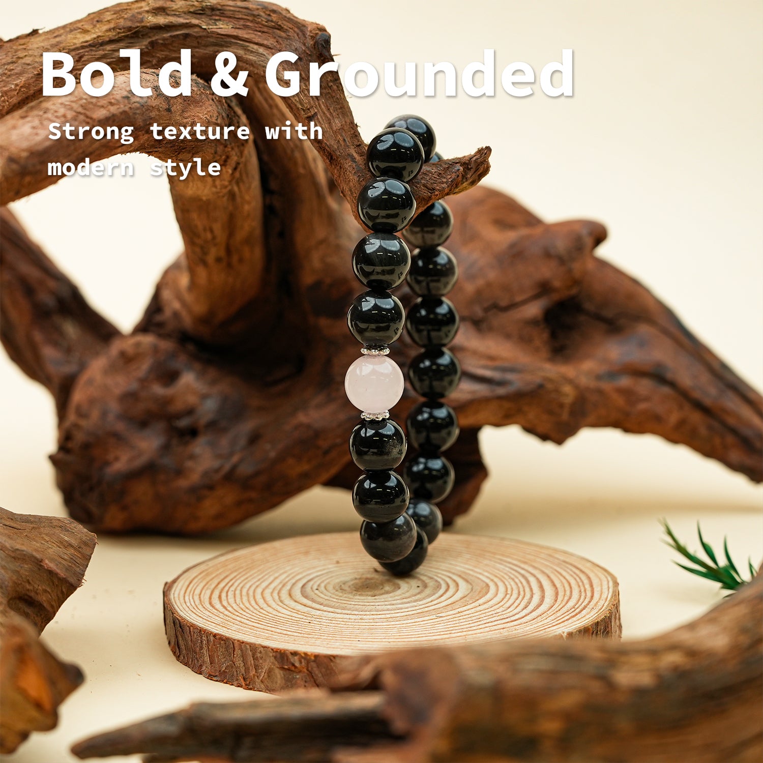 Couple Bracelet - 12mm&10mm Silver Obsidian + Rose Quartz Top Bead