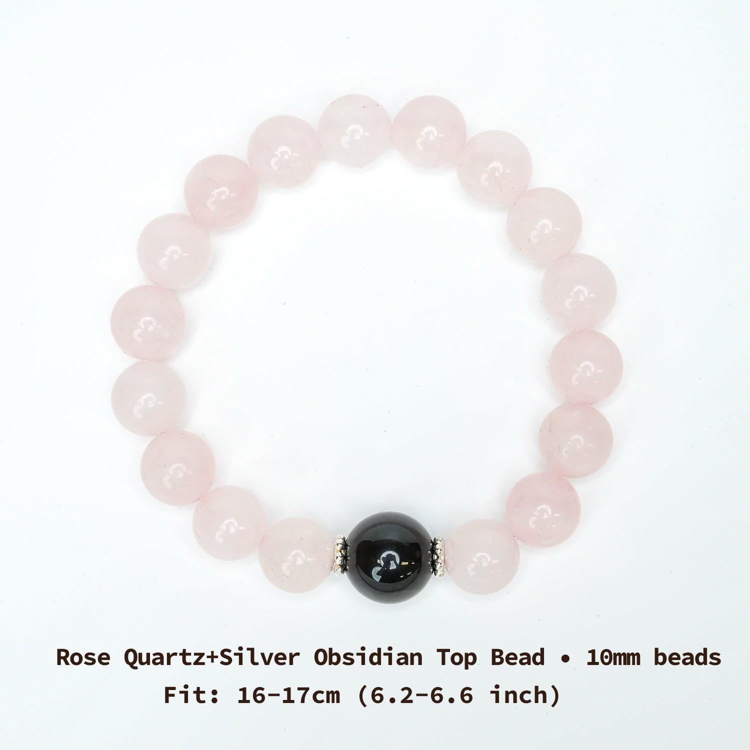 Couple Bracelet - 12mm&10mm Silver Obsidian + Rose Quartz Top Bead