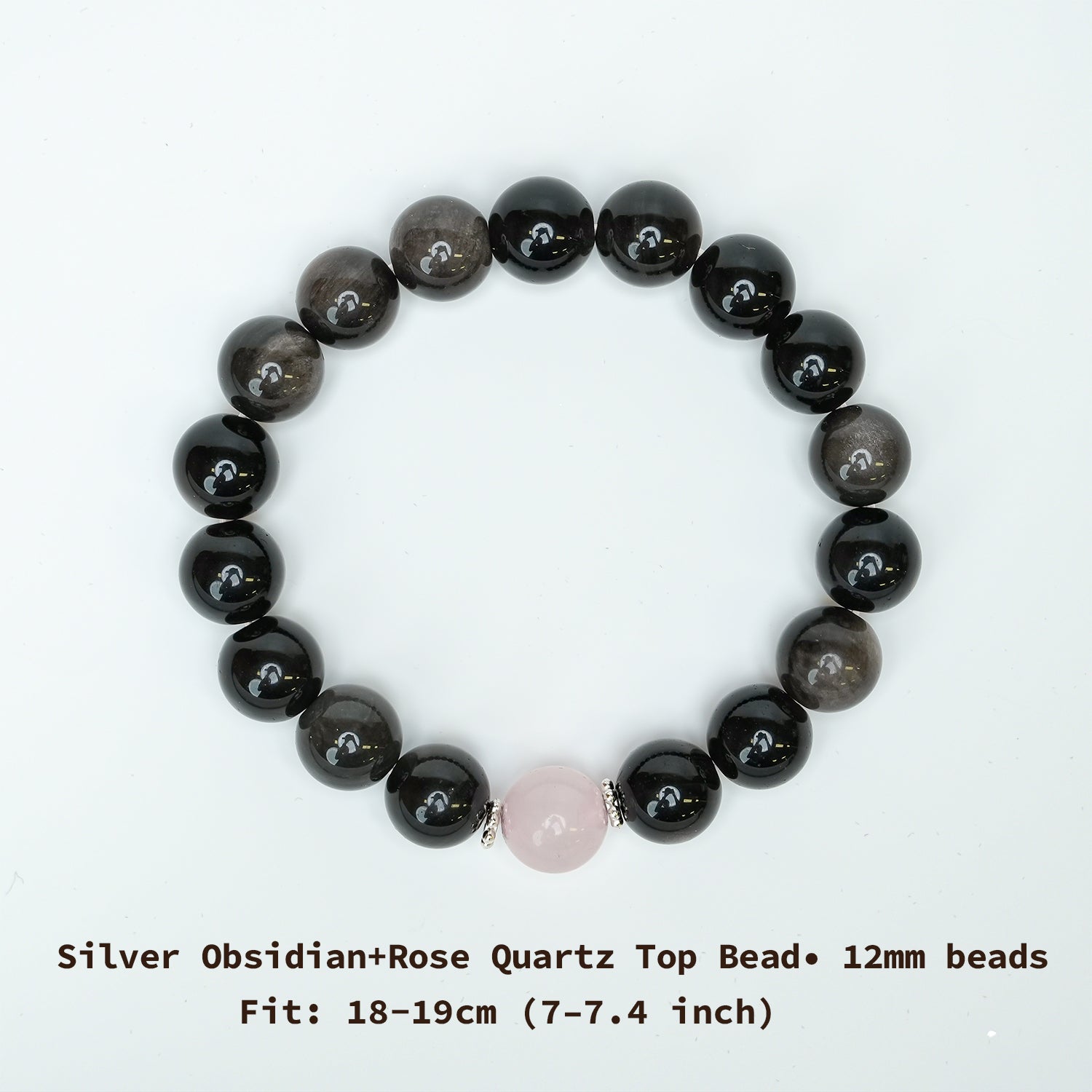 Couple Bracelet - 12mm&10mm Silver Obsidian + Rose Quartz Top Bead