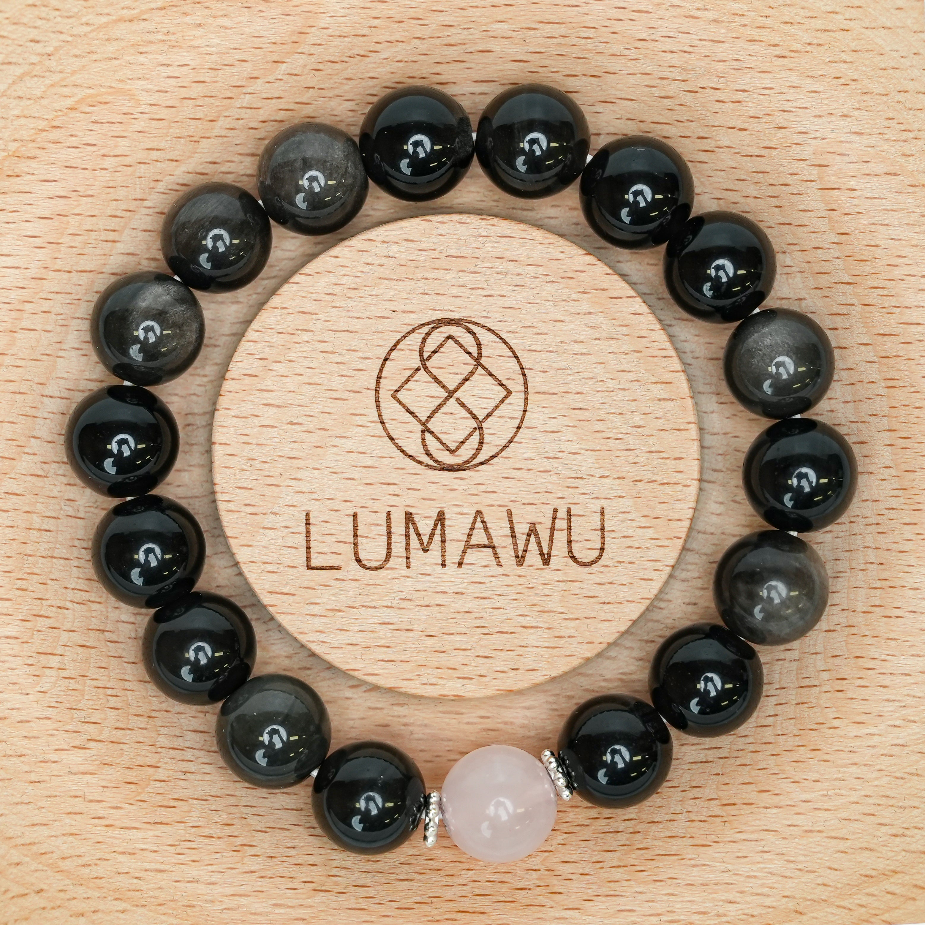 Couple Bracelet - 12mm&10mm Silver Obsidian + Rose Quartz Top Bead