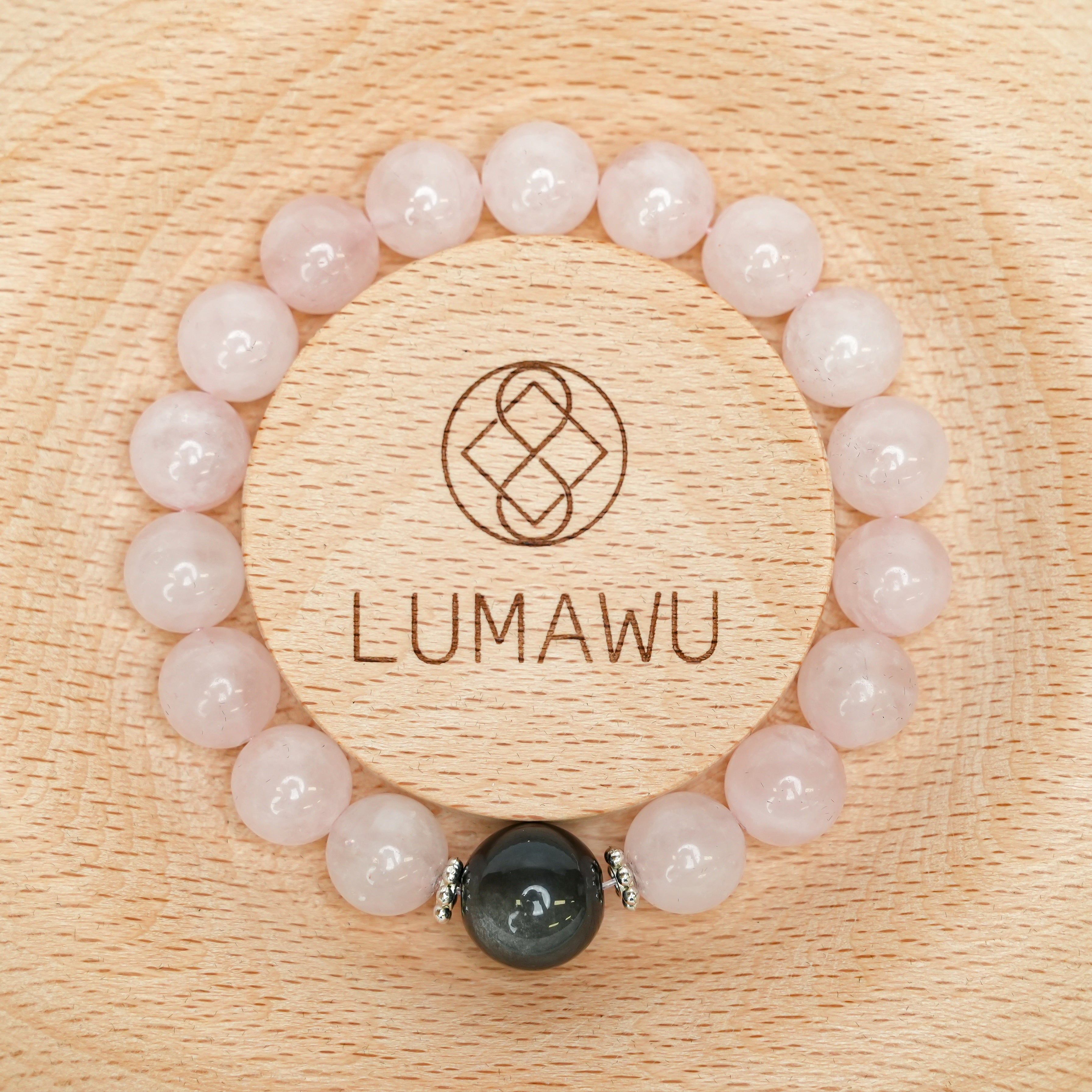 Couple Bracelet - 12mm&10mm Silver Obsidian + Rose Quartz Top Bead