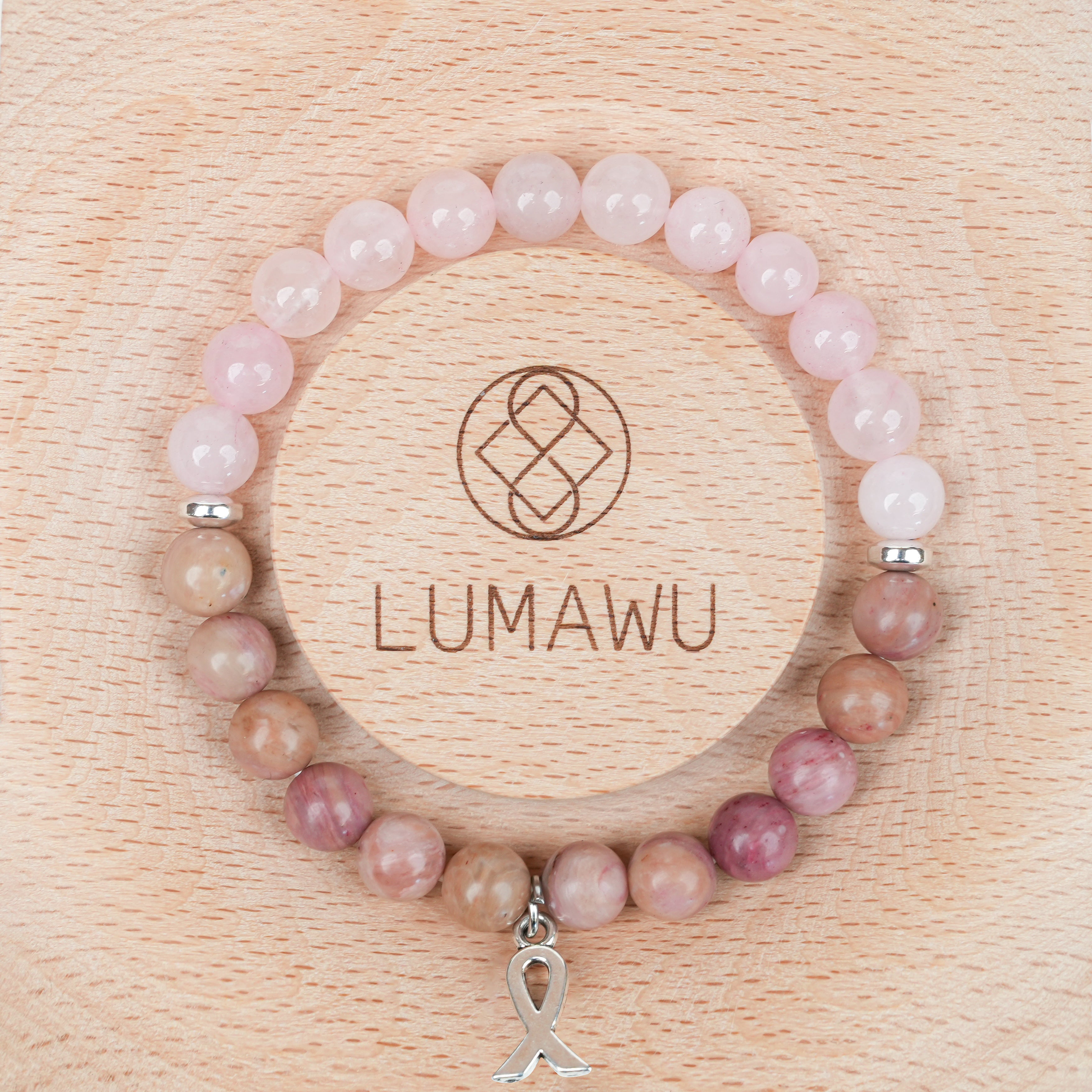 Red Wood Grain Rose Quartz Bow Bracelet - Sweet Girly Style