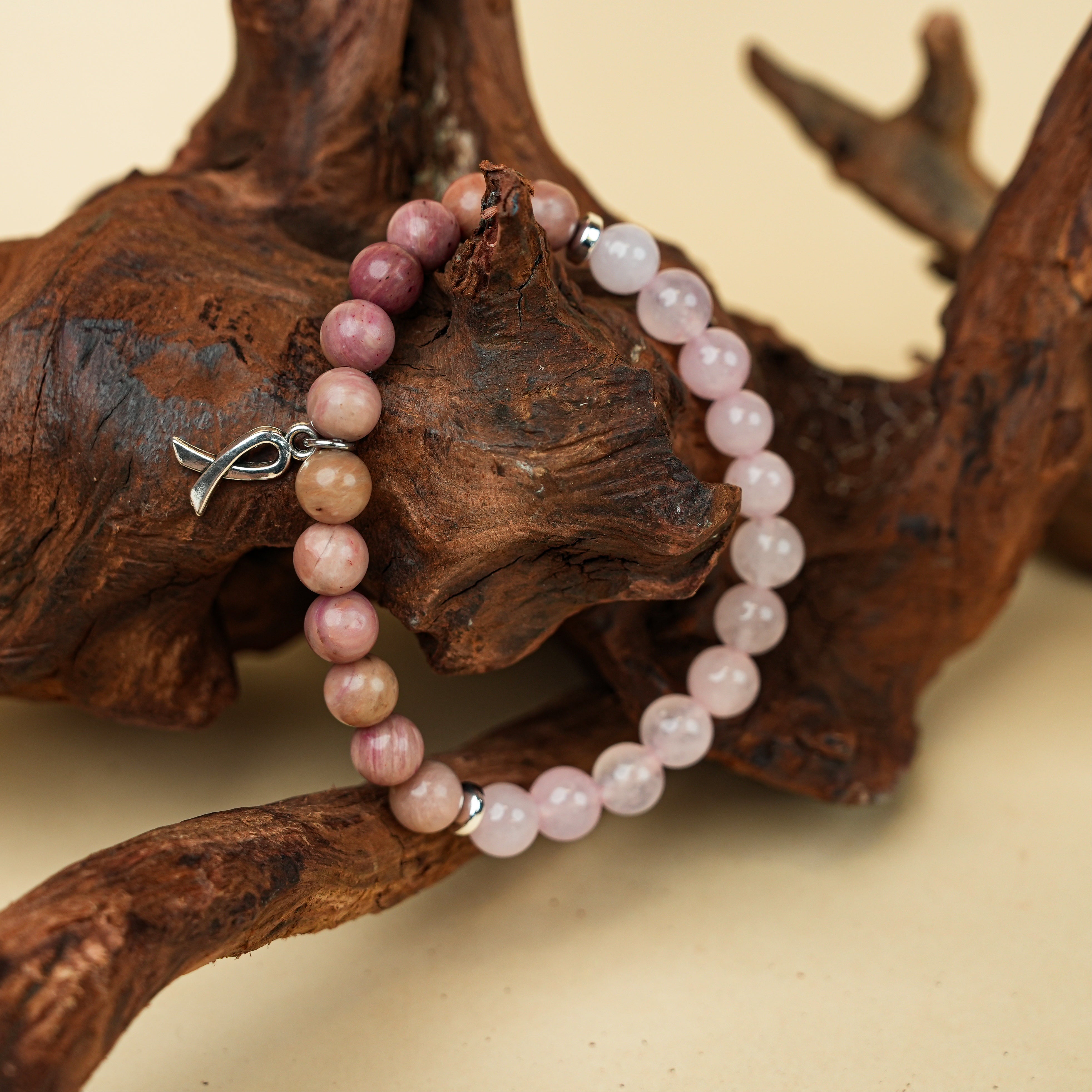 Red Wood Grain Rose Quartz Bow Bracelet - Sweet Girly Style