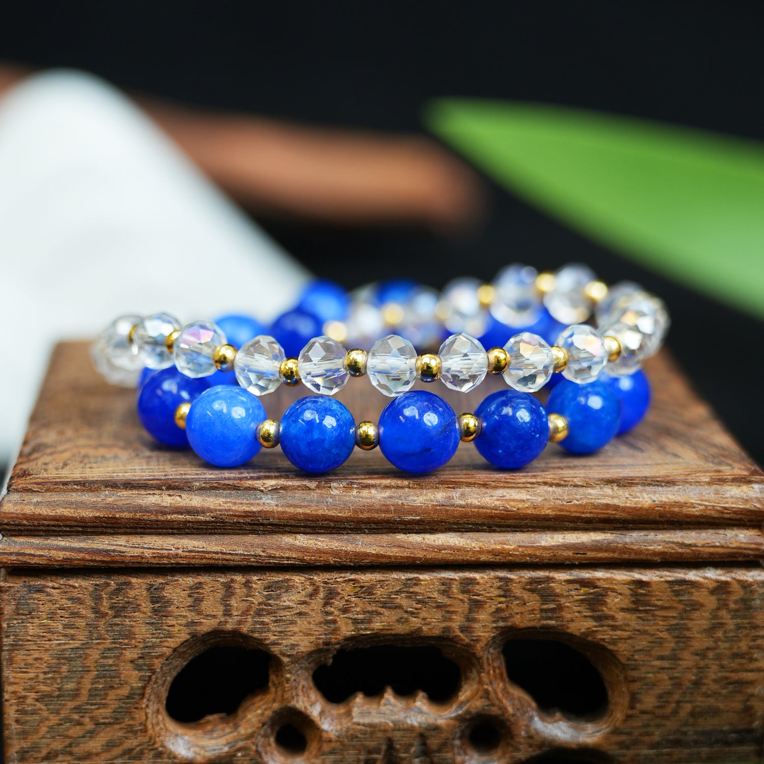 Blue Banded Agate & Clear Quartz Double-Wrap Bracelet