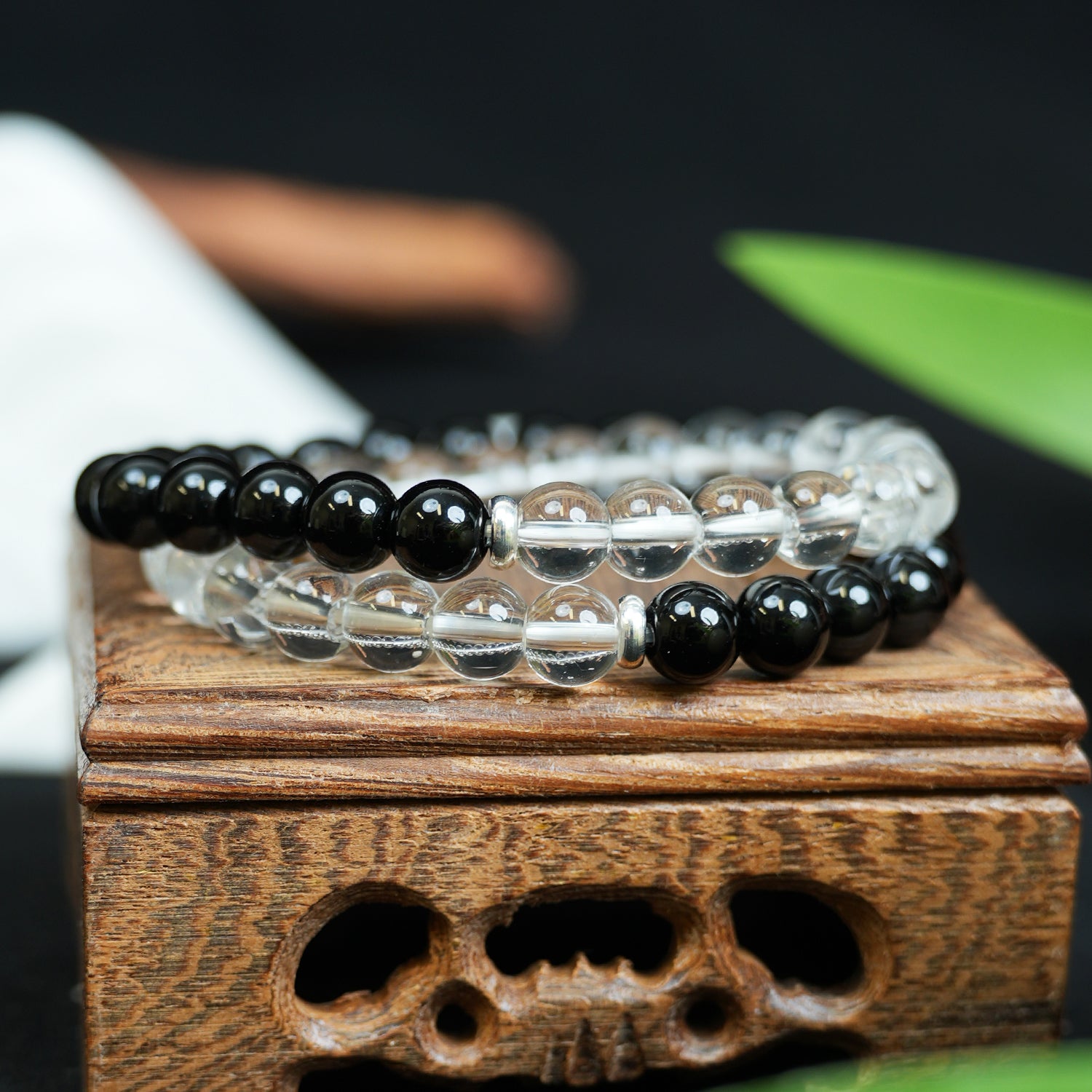 Obsidian & Clear Quartz Double-Wrap Energy Bracelet