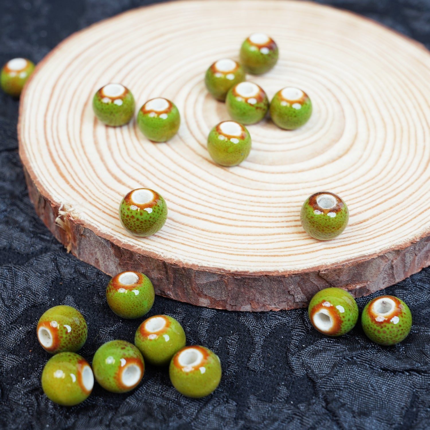 Handmade DIY 8mm Flower Glaze Leopard Print Porcelain Beads (30 pcs) - Leopard Green