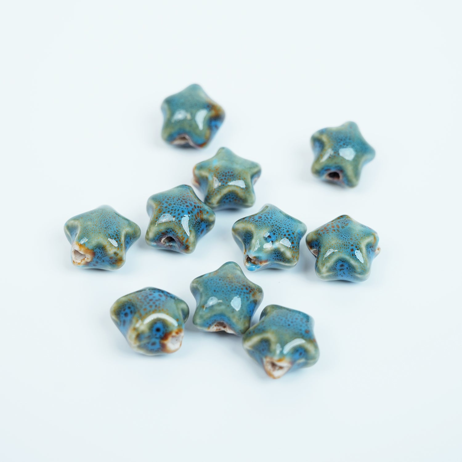Handmade DIY Star-Shaped Flower Glaze Porcelain Beads (10 pcs) - Floral Blue