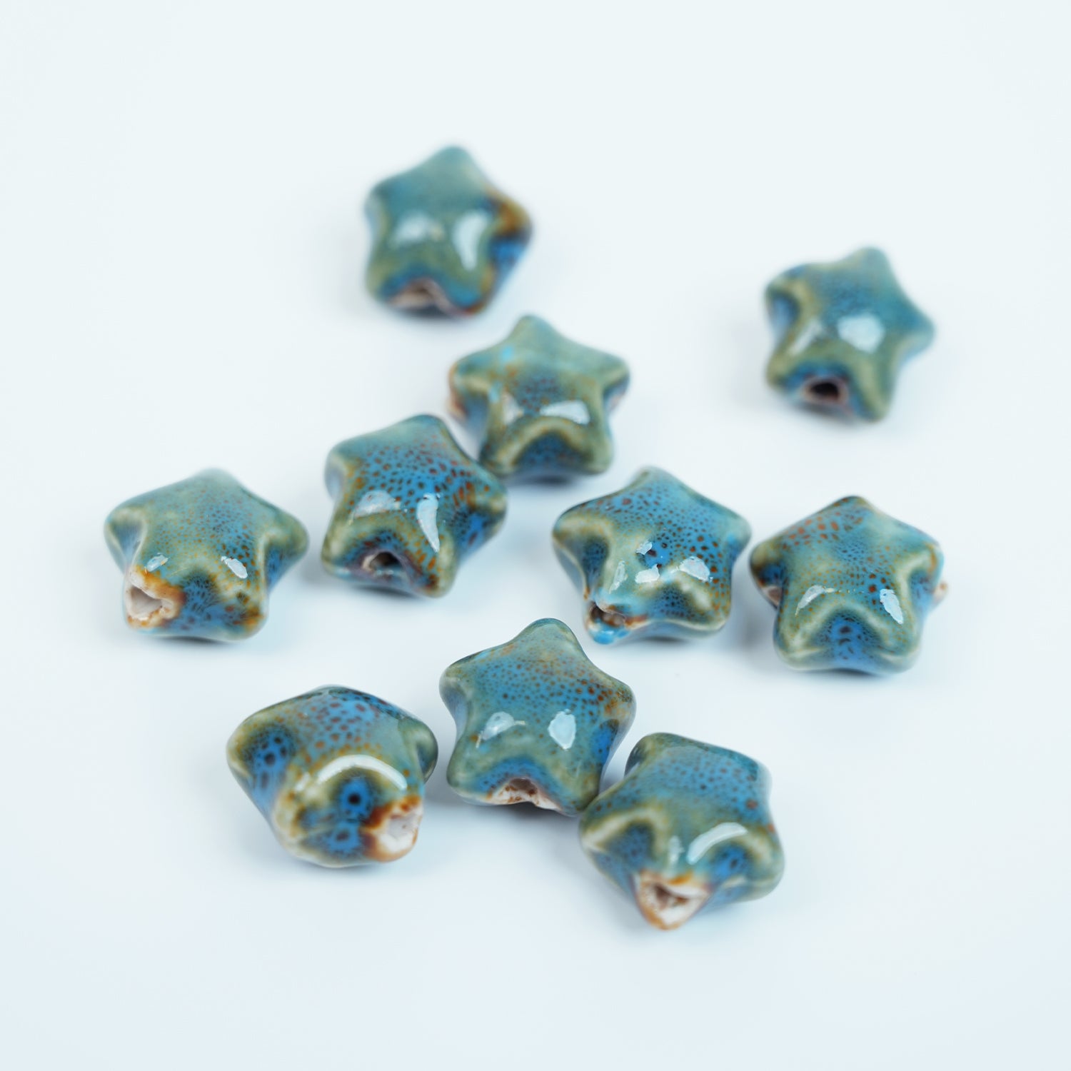 Handmade DIY Star-Shaped Flower Glaze Porcelain Beads (10 pcs) - Floral Blue