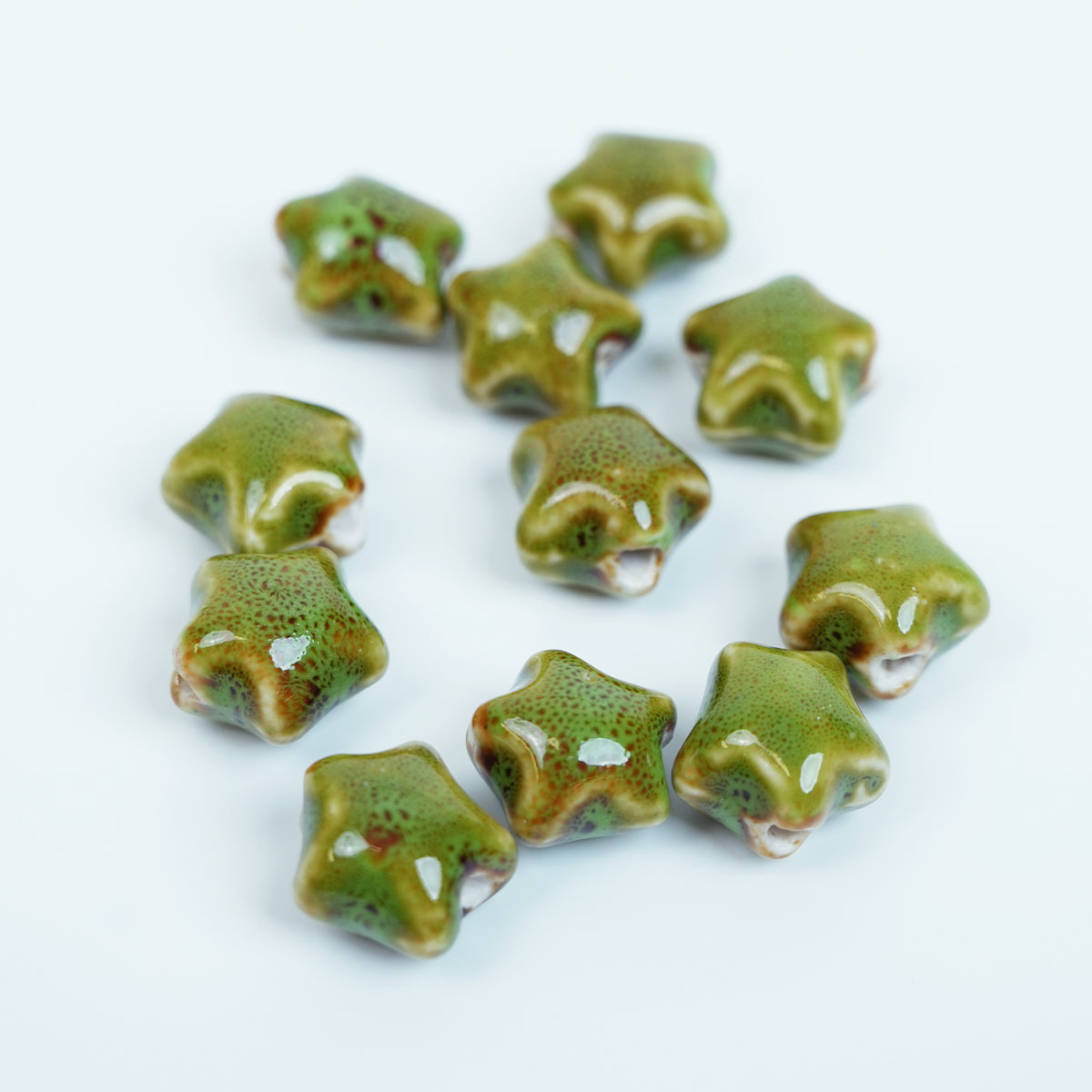 Handmade DIY Star-Shaped Flower Glaze Porcelain Beads (10 pcs) - Floral Green