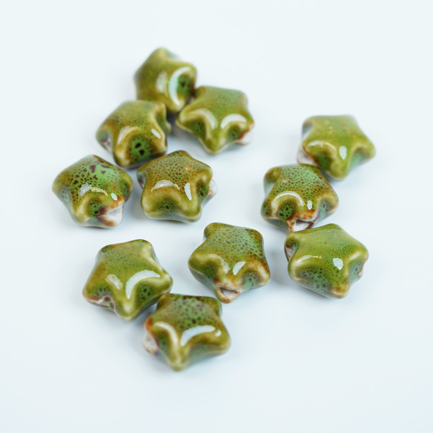 Handmade DIY Star-Shaped Flower Glaze Porcelain Beads (10 pcs) - Floral Green