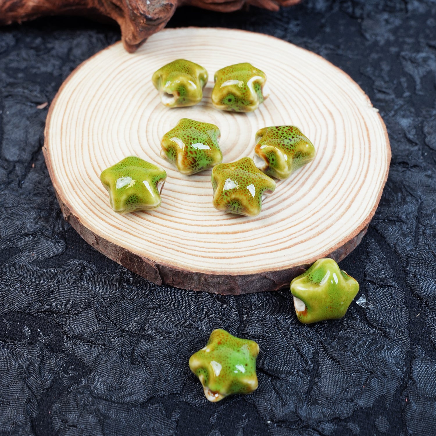 Handmade DIY Star-Shaped Flower Glaze Porcelain Beads (10 pcs) - Floral Green