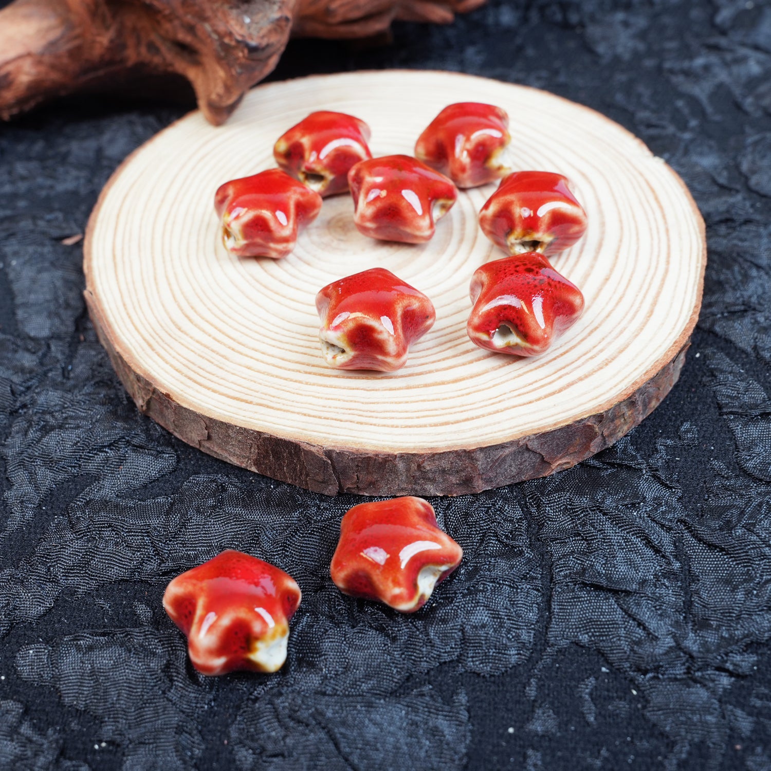 Handmade DIY Star-Shaped Flower Glaze Porcelain Beads (10 pcs) - Floral Red