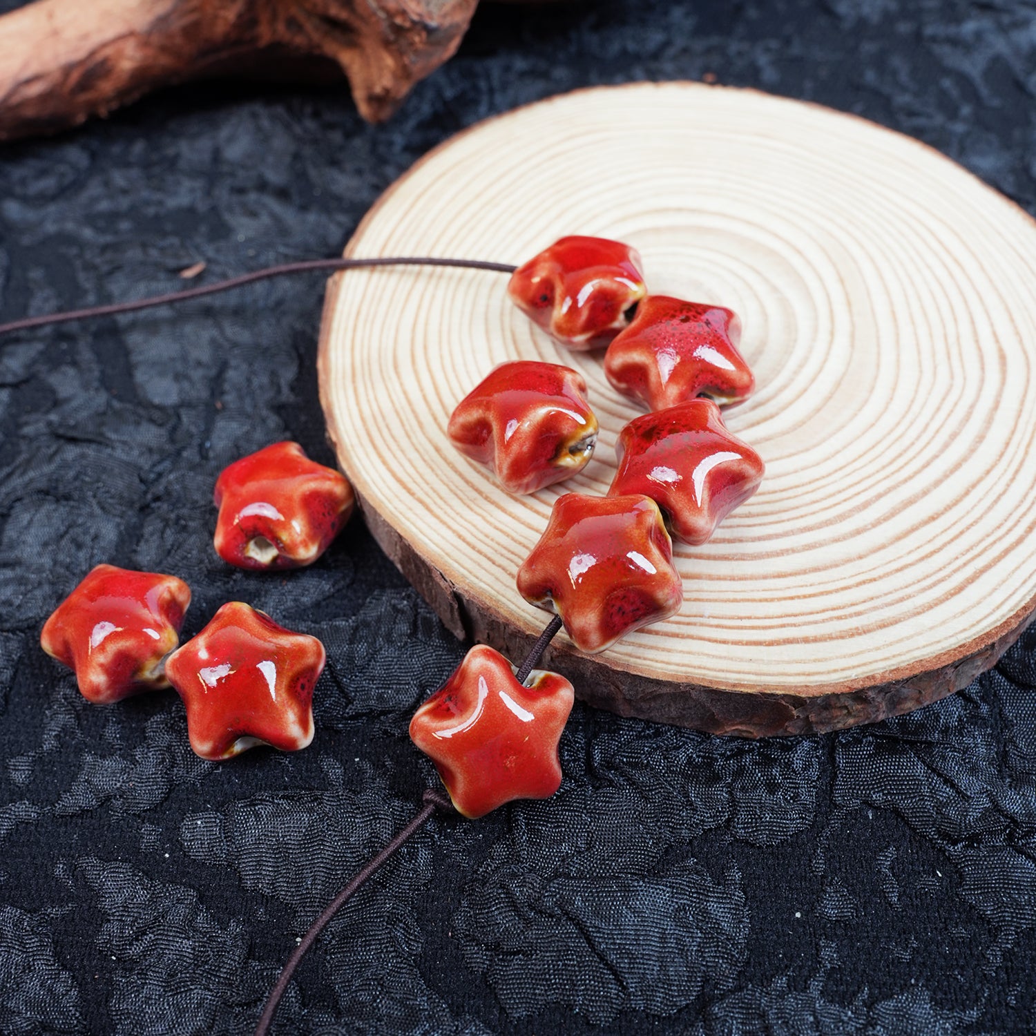 Handmade DIY Star-Shaped Flower Glaze Porcelain Beads (10 pcs) - Floral Red