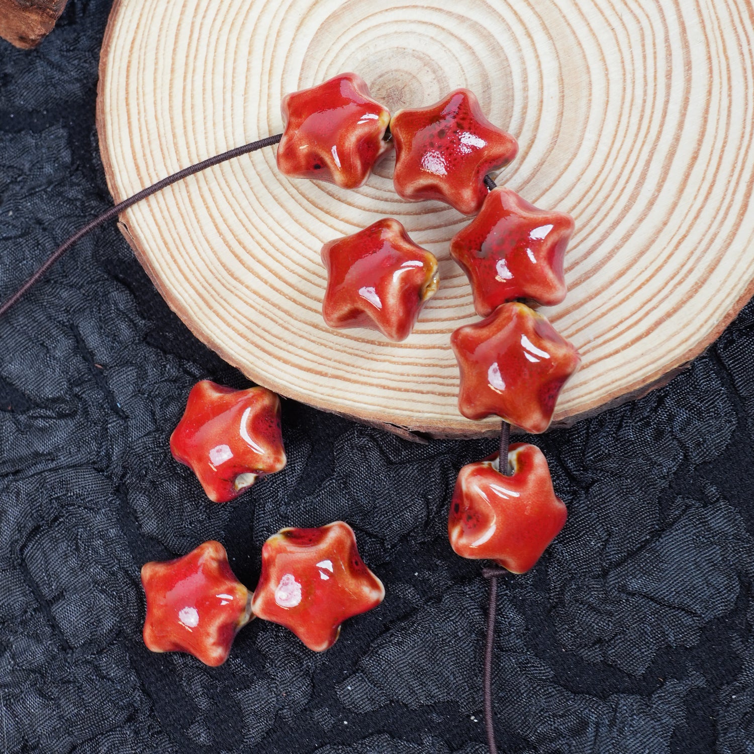 Handmade DIY Star-Shaped Flower Glaze Porcelain Beads (10 pcs) - Floral Red