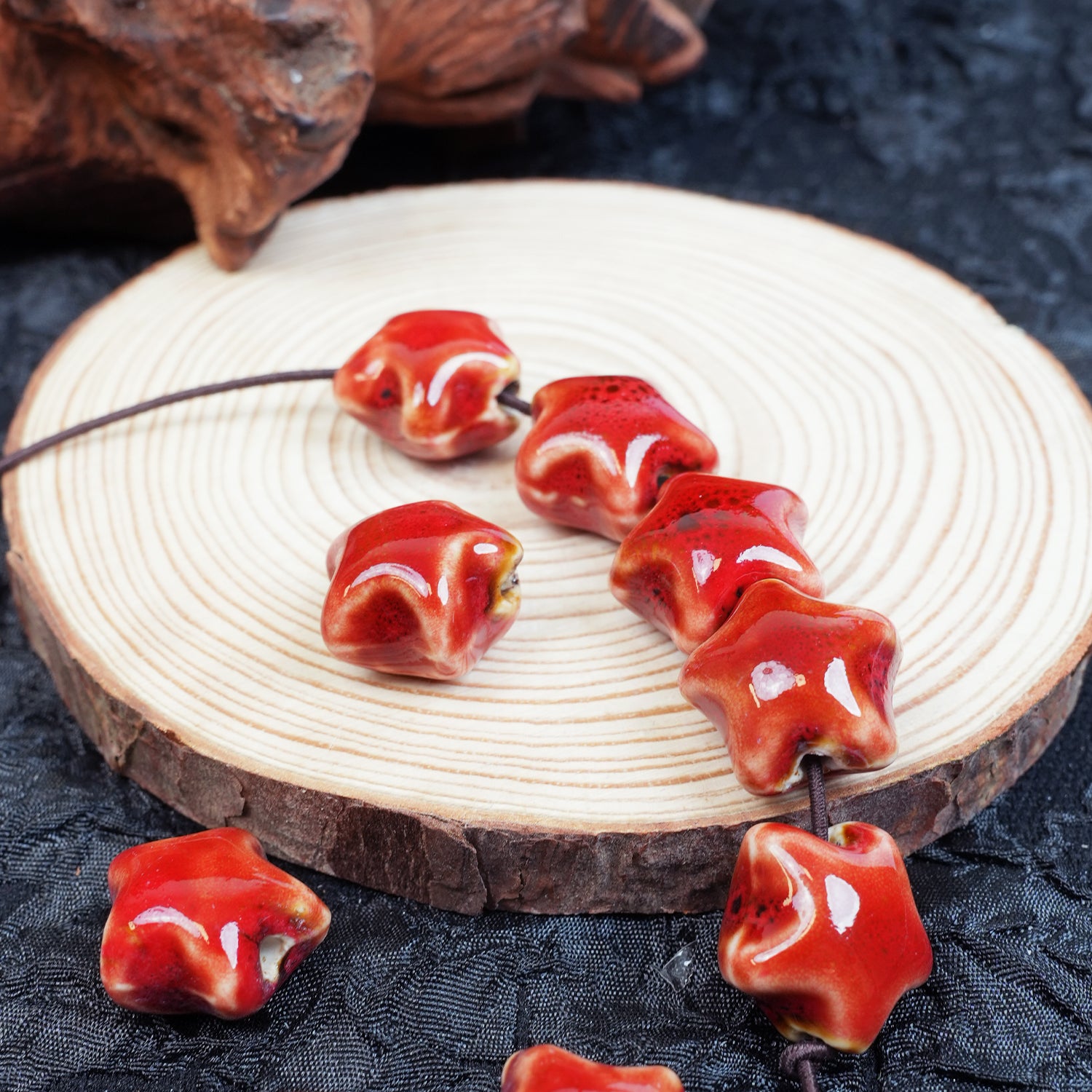 Handmade DIY Star-Shaped Flower Glaze Porcelain Beads (10 pcs) - Floral Red