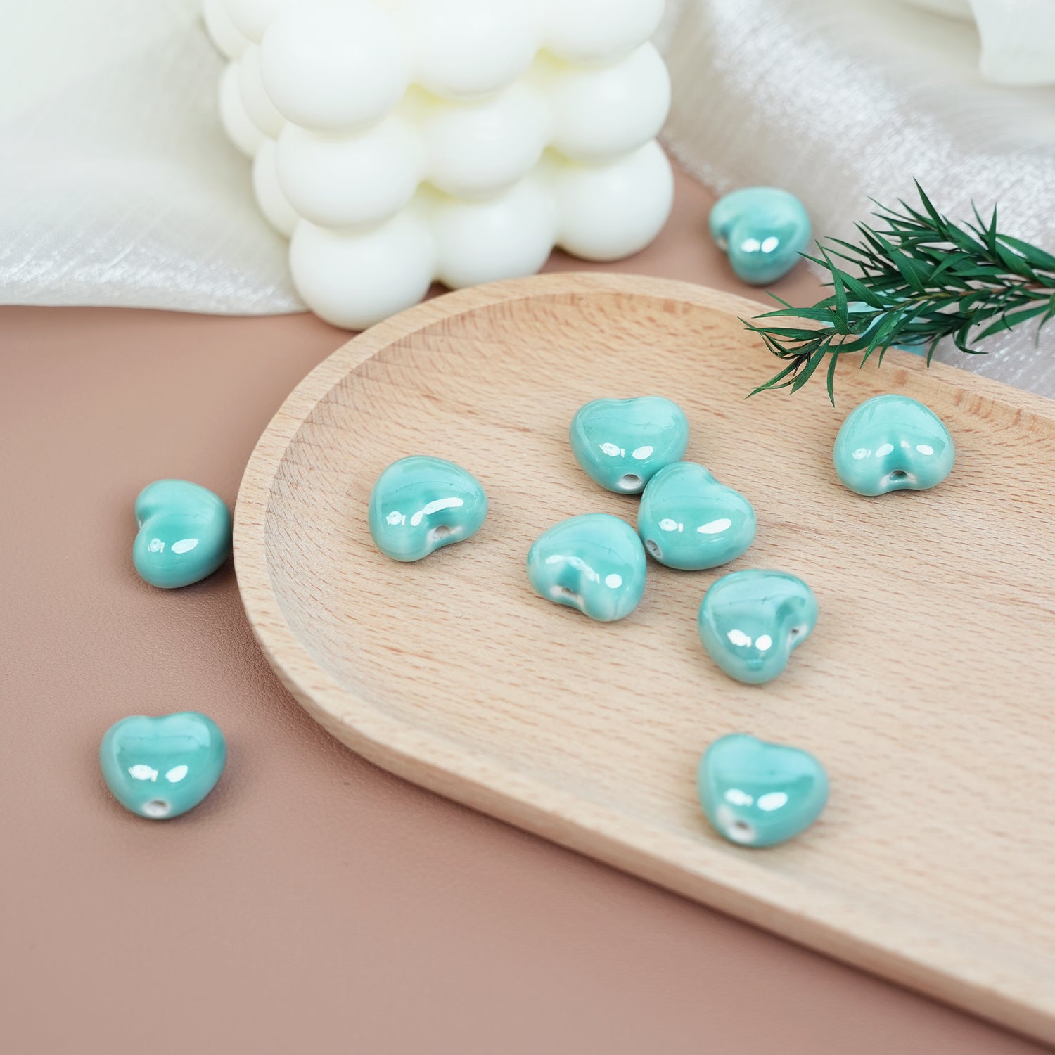 Handmade DIY Heart-Shaped Flower Glaze Porcelain Beads (10 pcs) - Heart Turquoise Clear