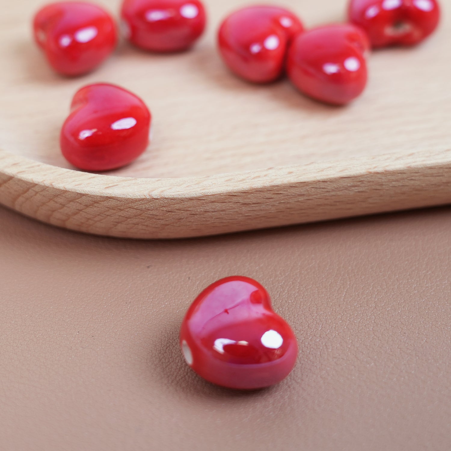 Handmade DIY Heart-Shaped Flower Glaze Porcelain Beads (10 pcs) - Heart Bright Red