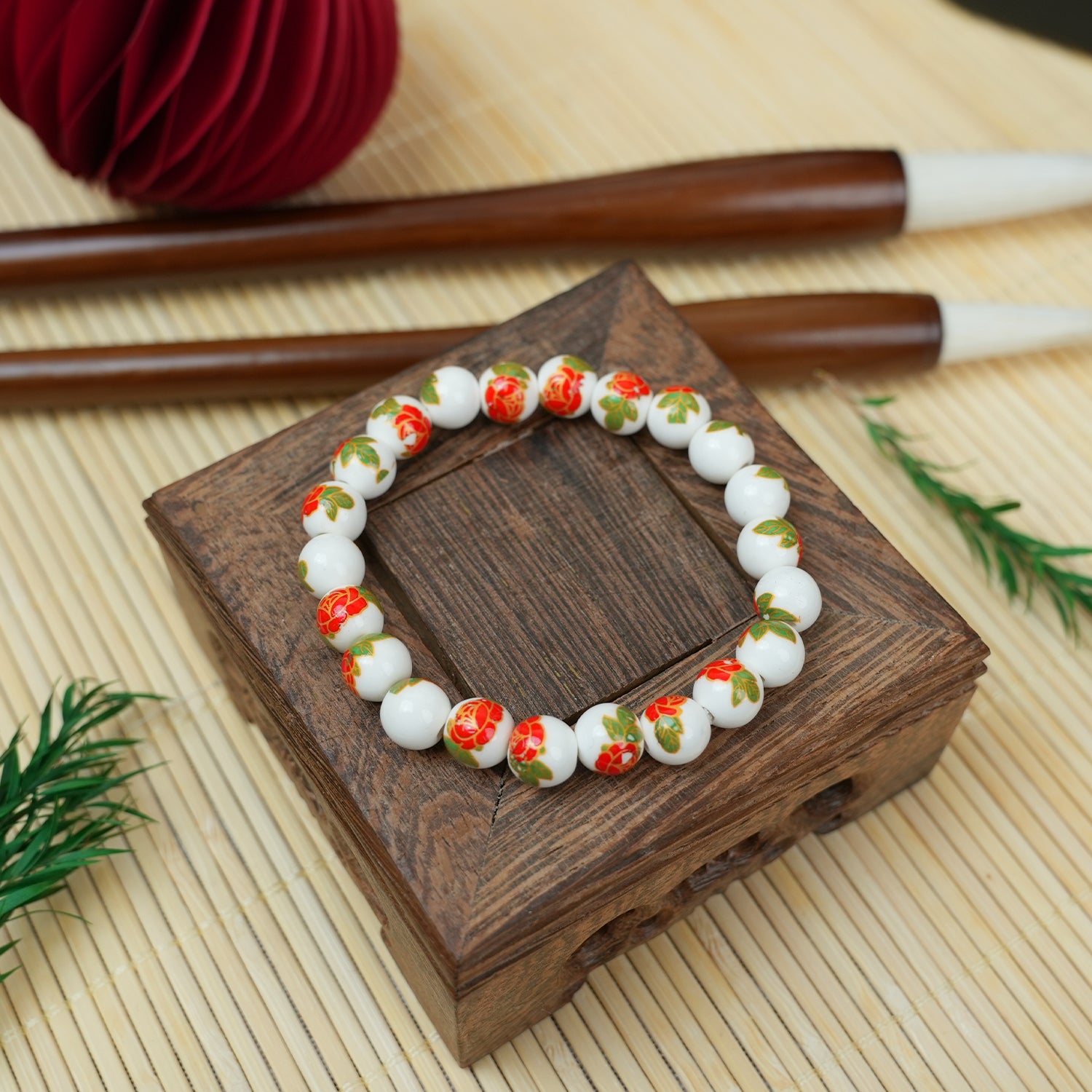 Jingdezhen Ethnic Style Ceramic Bead Bracelet - Spring Blossom Red (8mm)