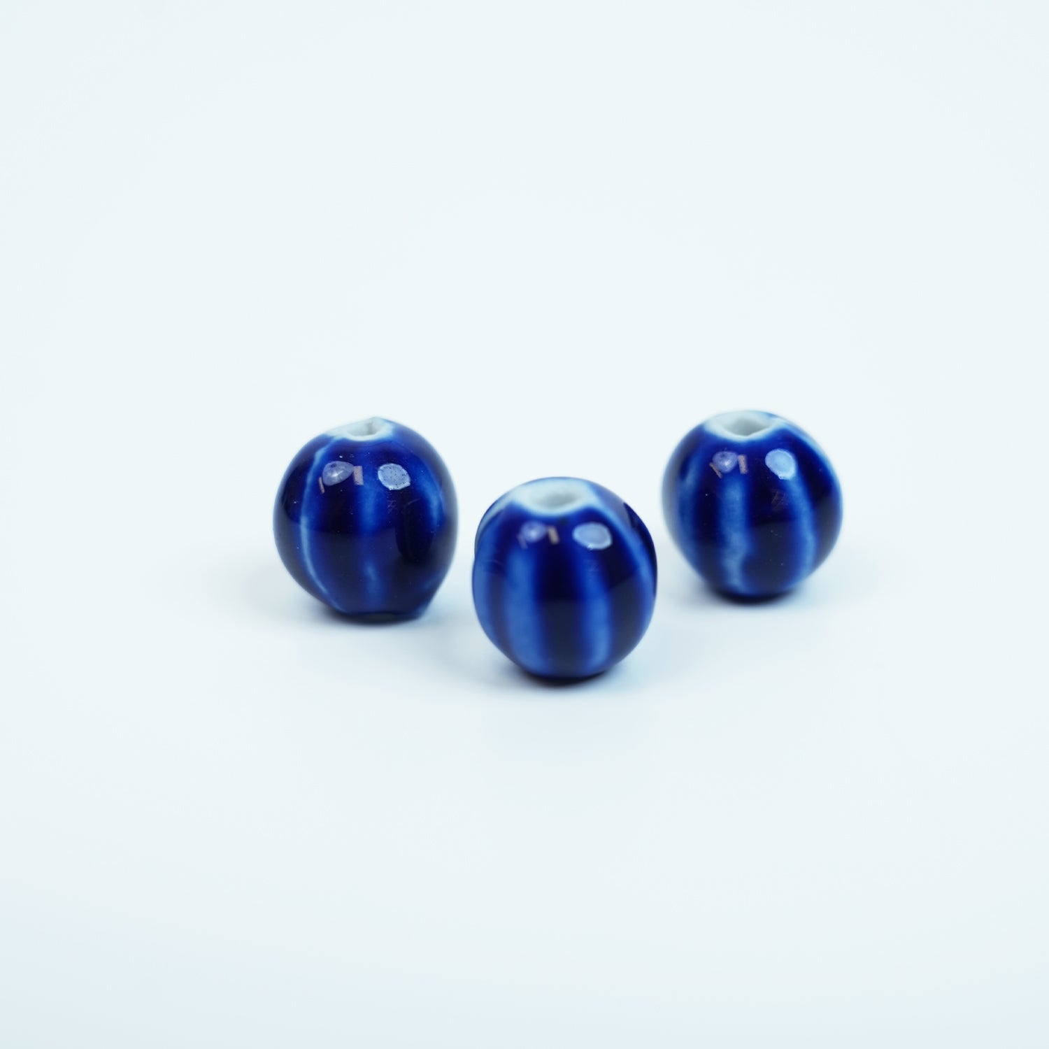Handmade DIY Pumpkin Striped Porcelain Beads (10 pcs) - Pure Cobalt Blue