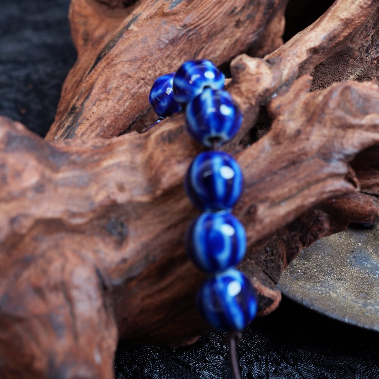 Handmade DIY Pumpkin Striped Porcelain Beads (10 pcs) - Pure Cobalt Blue