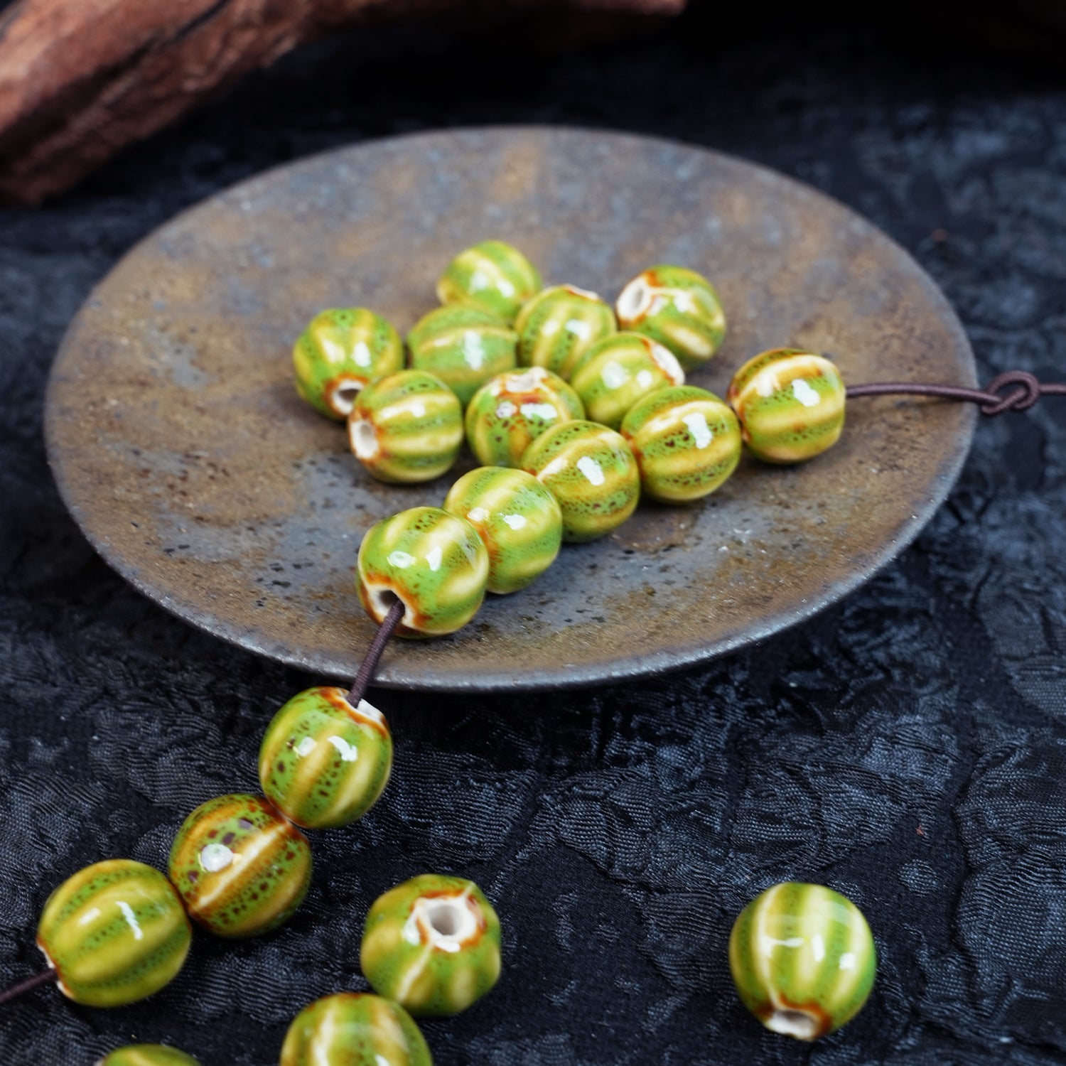 Handmade DIY Pumpkin Striped Porcelain Beads (10 pcs) - Green Glaze