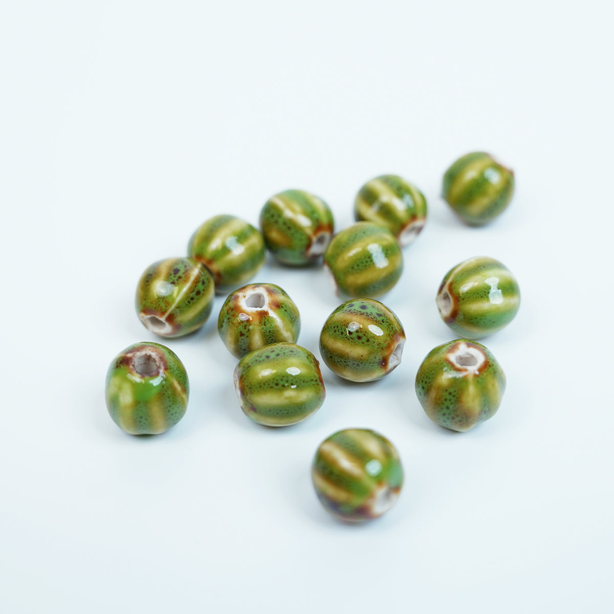Handmade DIY Pumpkin Striped Porcelain Beads (10 pcs) - Green Glaze