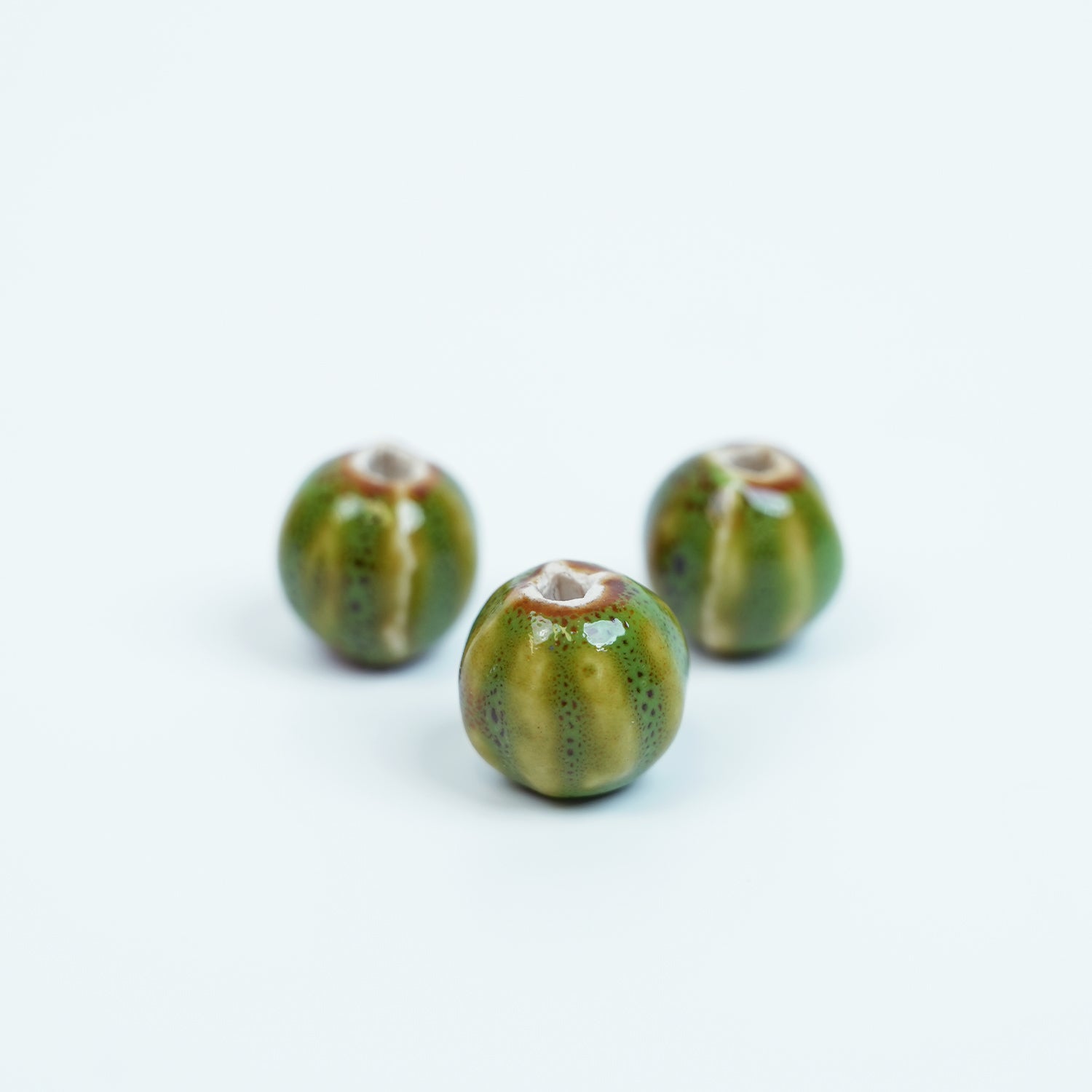 Handmade DIY Pumpkin Striped Porcelain Beads (10 pcs) - Green Glaze