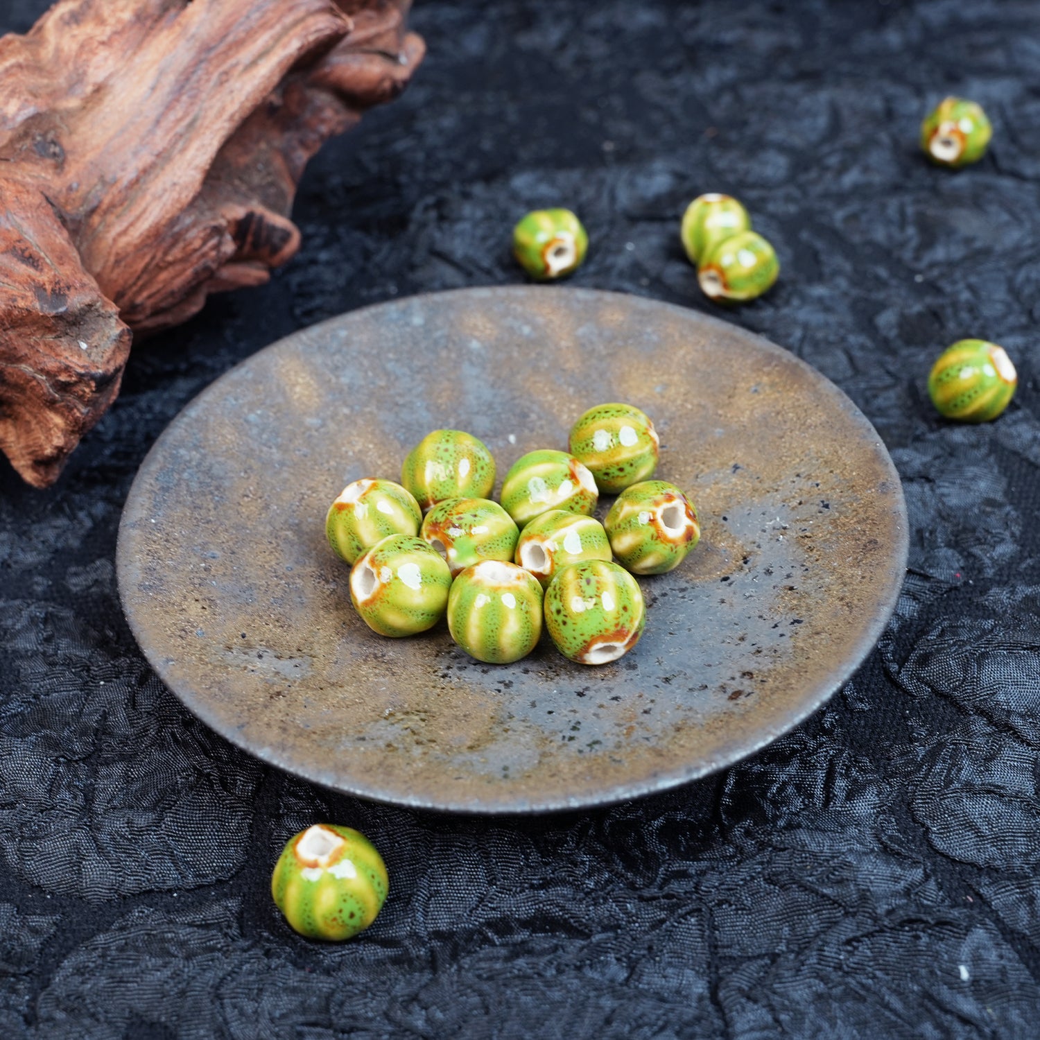 Handmade DIY Pumpkin Striped Porcelain Beads (10 pcs) - Green Glaze