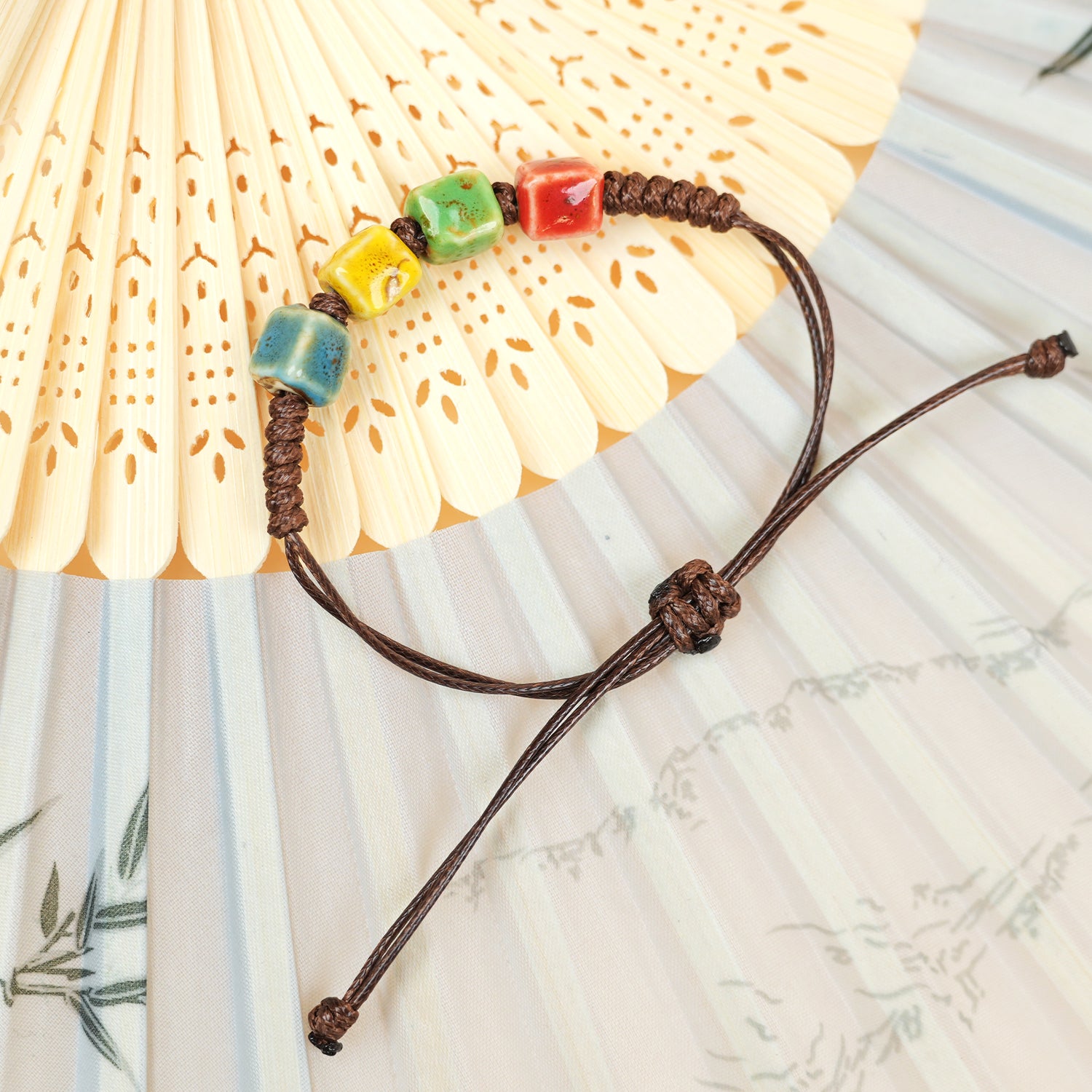 Ceramic Square Bead Bracelet (Multicolor Glaze, Cube Design, Adjustable Cord)