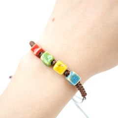 Ceramic Square Bead Bracelet (Multicolor Glaze, Cube Design, Adjustable Cord)
