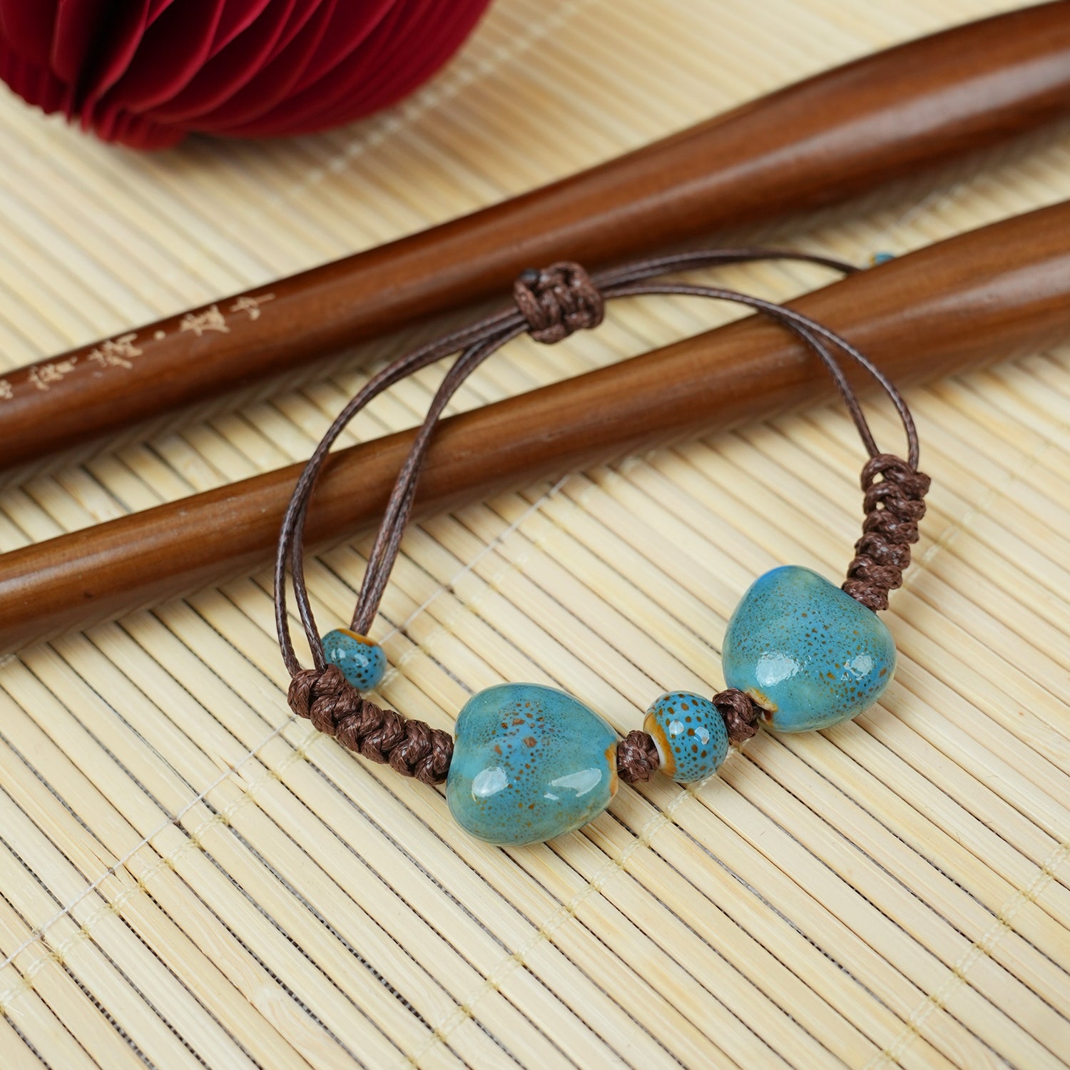 Ceramic Round Bead Bracelet (Blue Gradient Glaze, Serene & Elegant, Adjustable Cord)