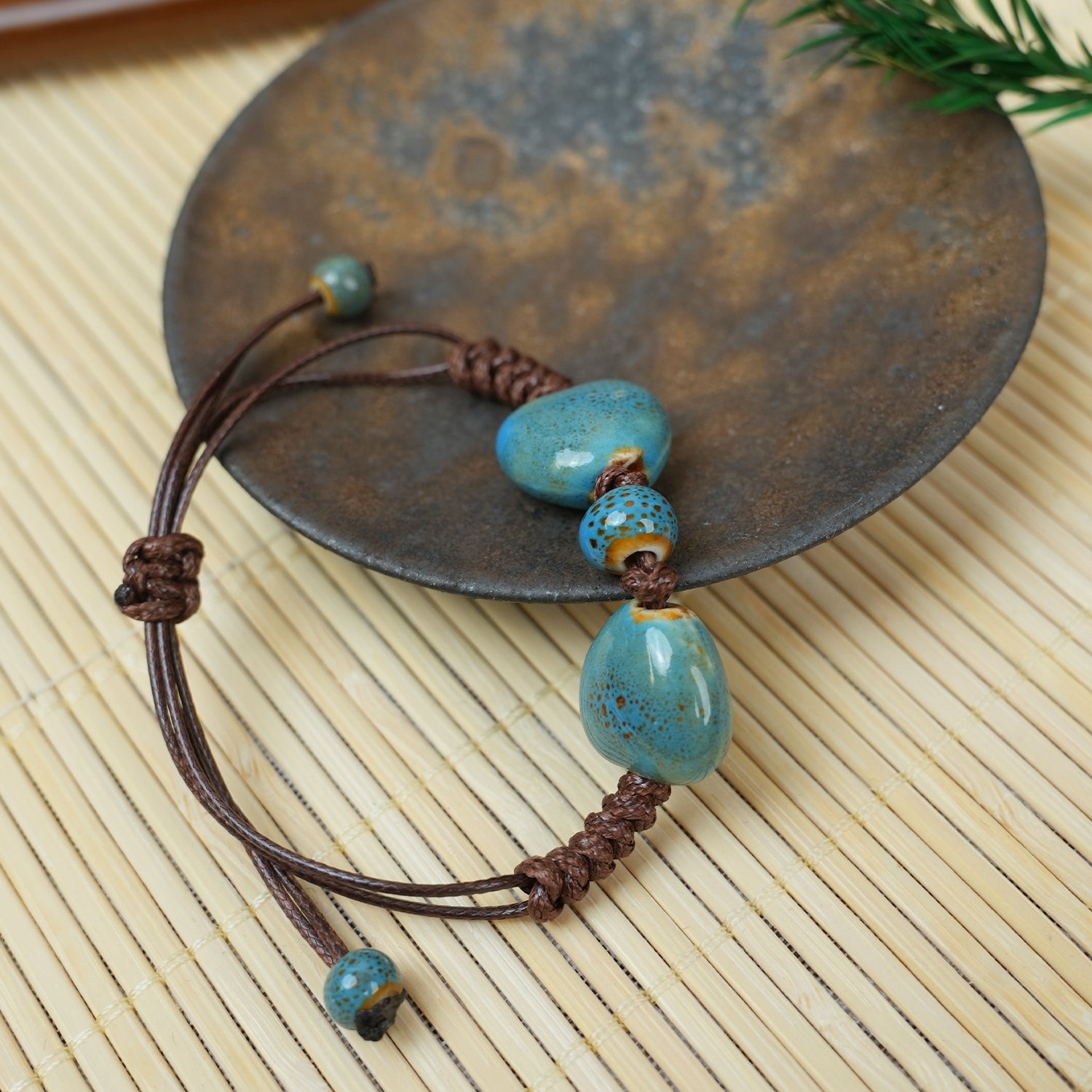 Ceramic Round Bead Bracelet (Blue Gradient Glaze, Serene & Elegant, Adjustable Cord)