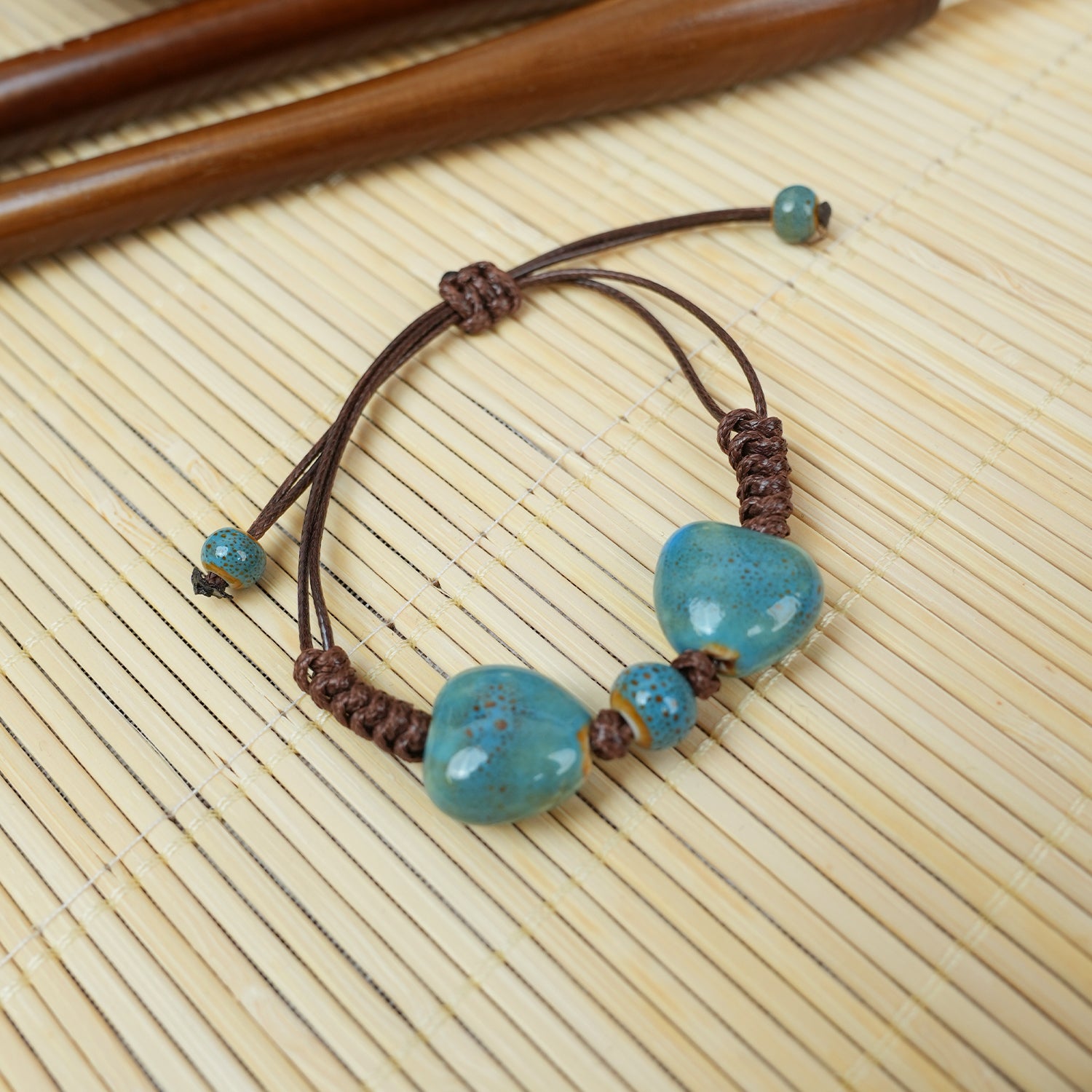 Ceramic Round Bead Bracelet (Blue Gradient Glaze, Serene & Elegant, Adjustable Cord)