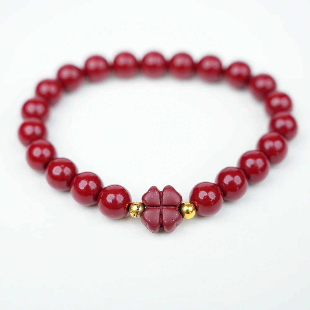 8mm Cinnabar Purple Gold Sand Four-Leaf Clover Bracelet - Joy & Luck Style