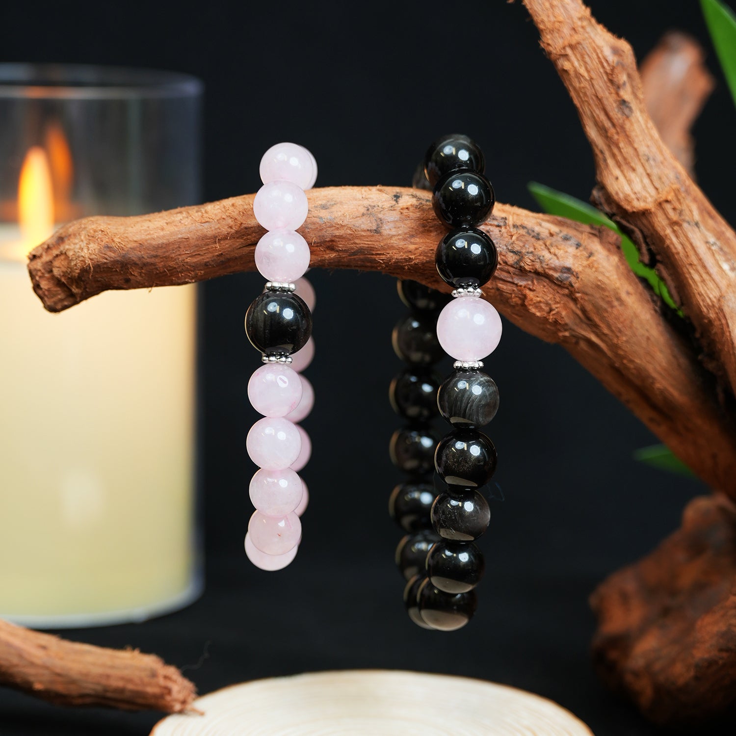 Couple Bracelet - 12mm&10mm Silver Obsidian + Rose Quartz Top Bead