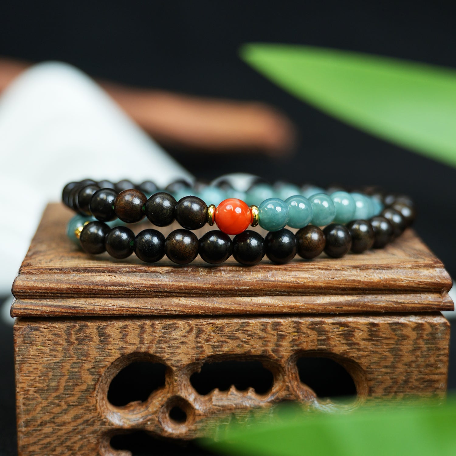 Black Rosewood & Blue Crystal Double-Wrap Unisex Bracelet