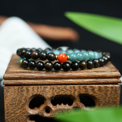 Black Rosewood & Blue Crystal Double-Wrap Unisex Bracelet