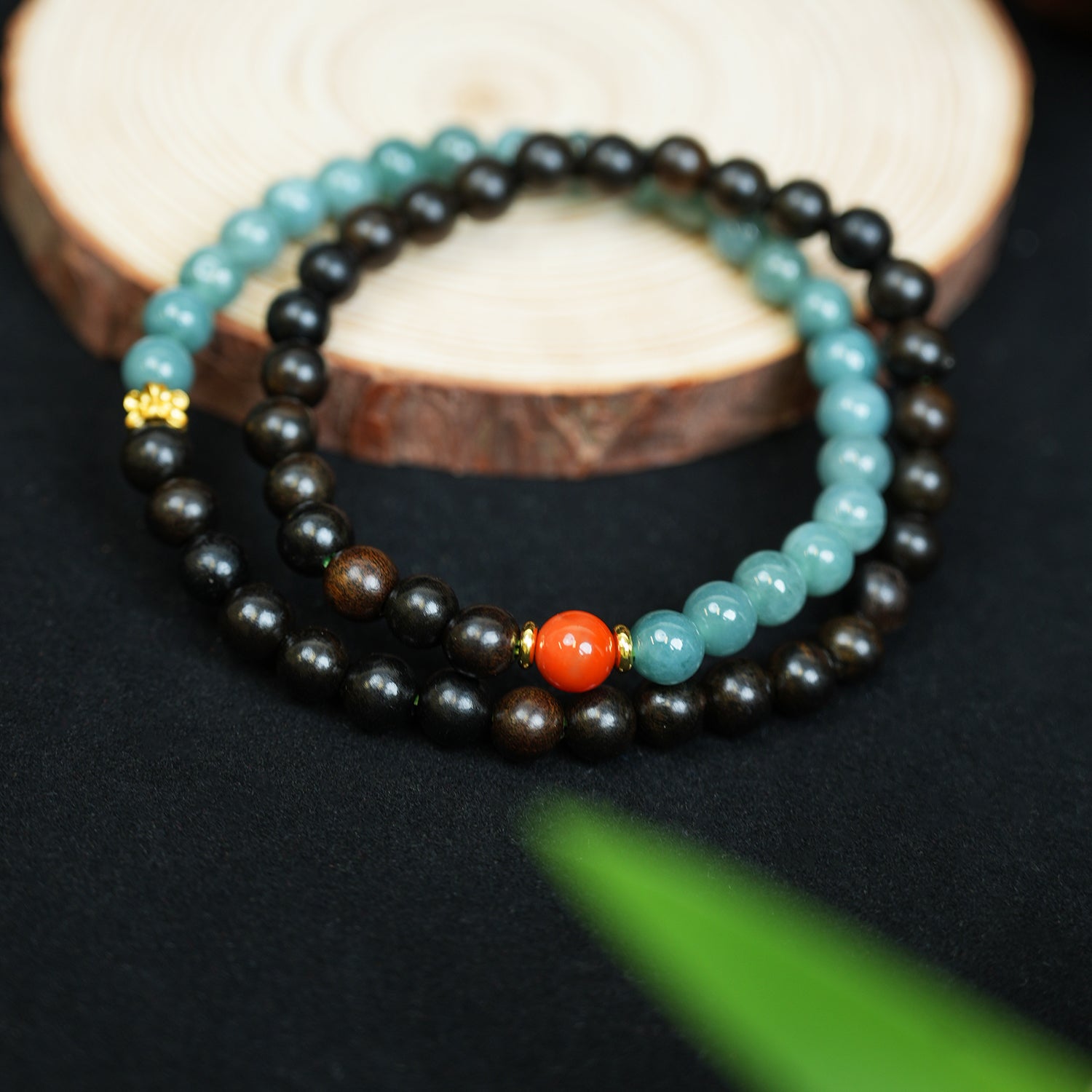 Black Rosewood & Blue Crystal Double-Wrap Unisex Bracelet