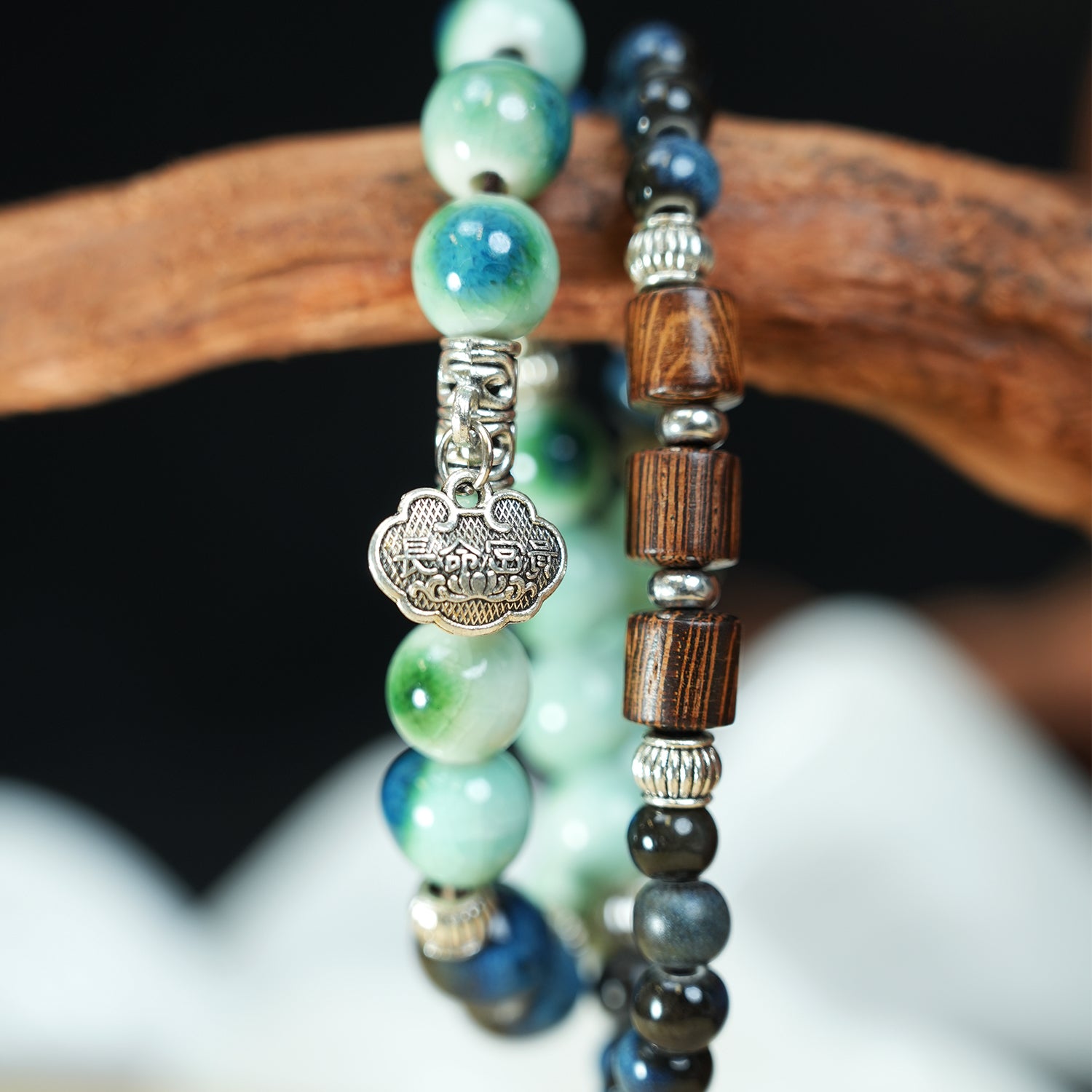 Wooden Ruyi Lock Ceramic Bracelet (Green-Gold Tone, Vintage & Elegant, Double Wrap)