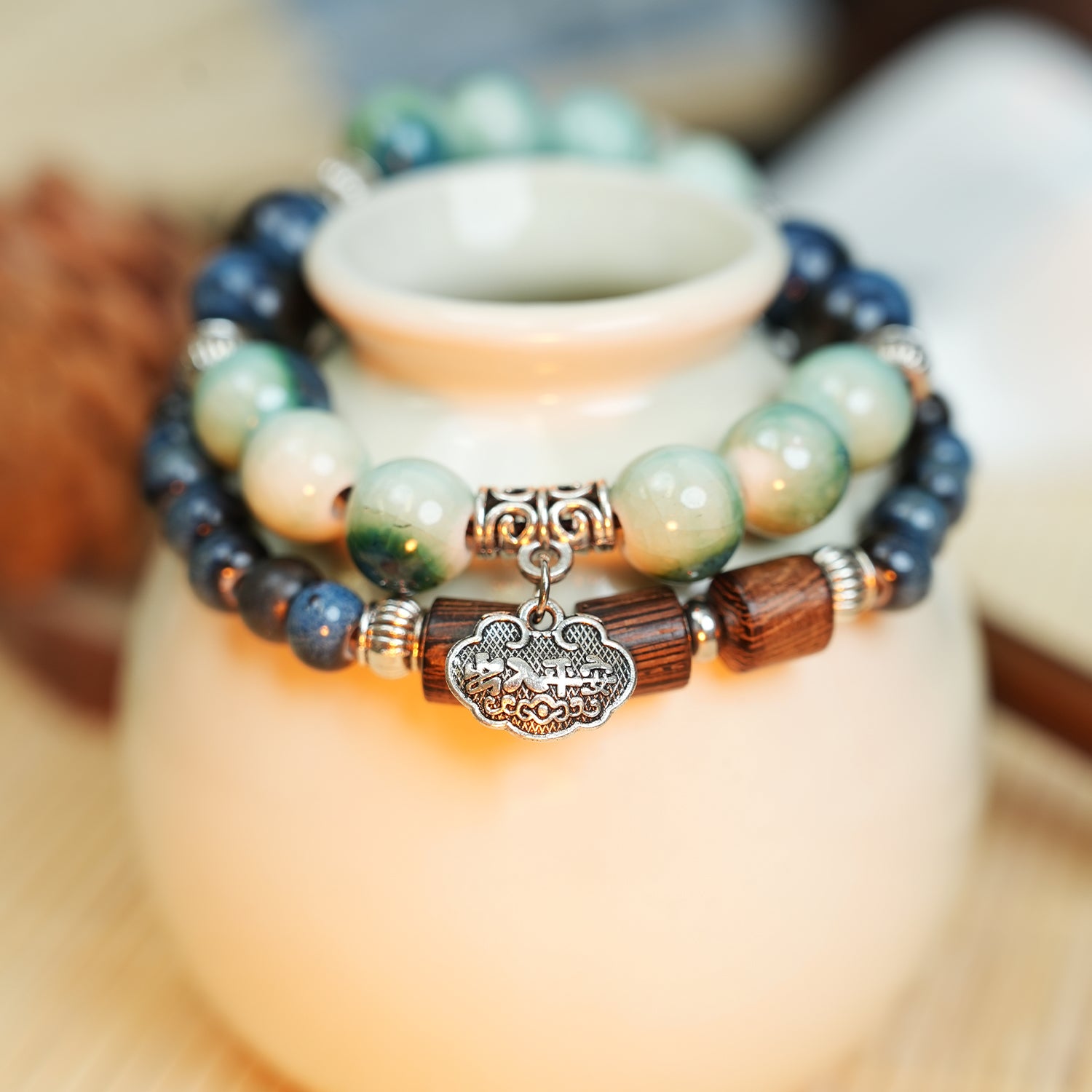 Wooden Ruyi Lock Ceramic Bracelet (Green-Gold Tone, Vintage & Elegant, Double Wrap)