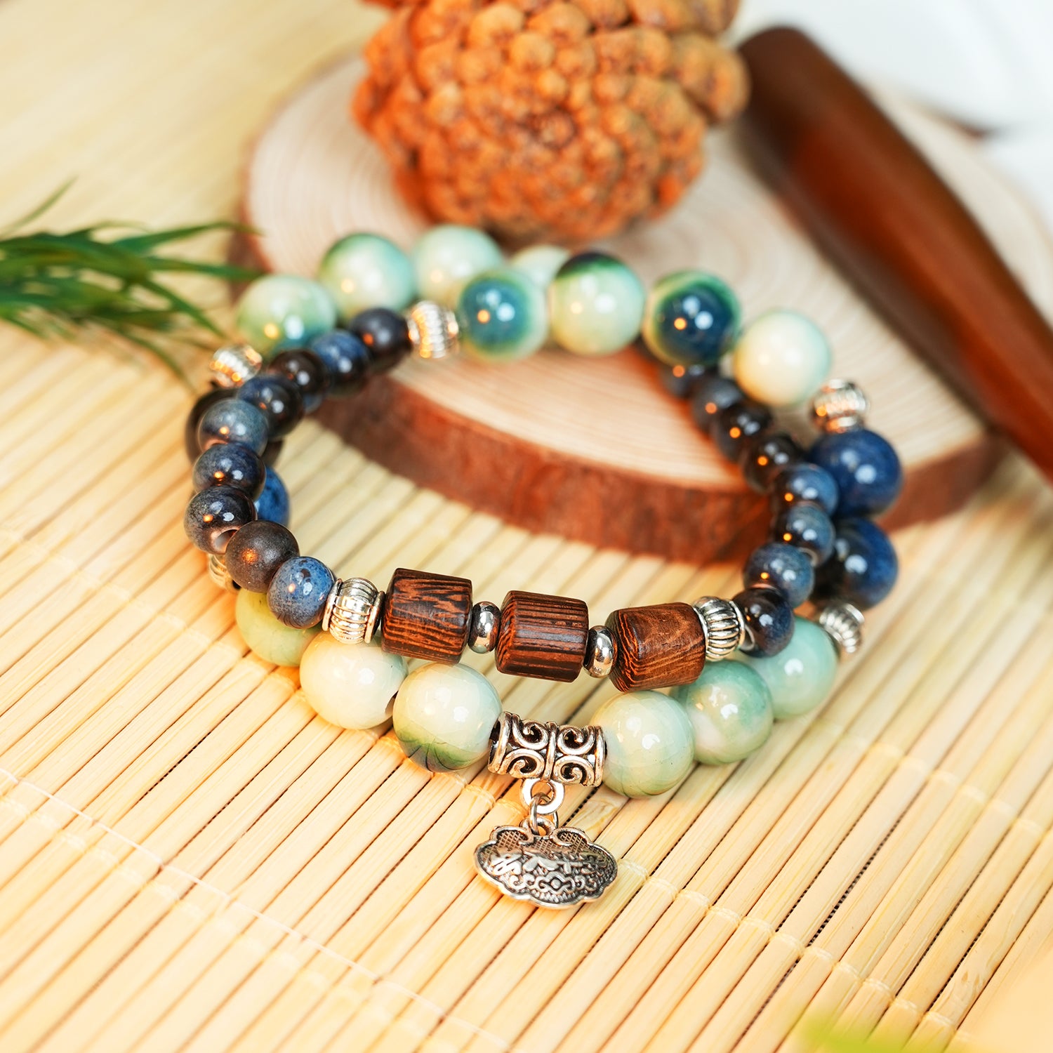 Wooden Ruyi Lock Ceramic Bracelet (Green-Gold Tone, Vintage & Elegant, Double Wrap)