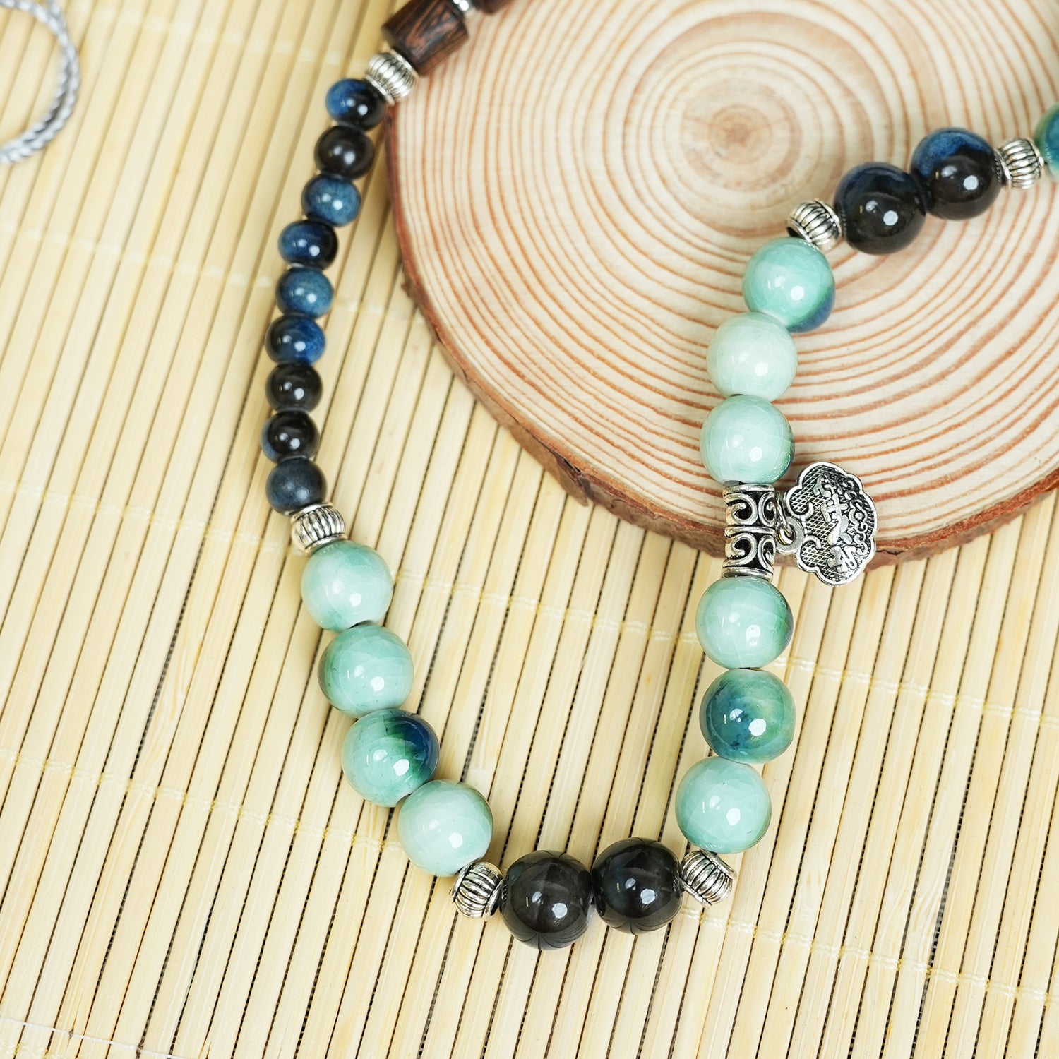 Wooden Ruyi Lock Ceramic Bracelet (Green-Gold Tone, Vintage & Elegant, Double Wrap)